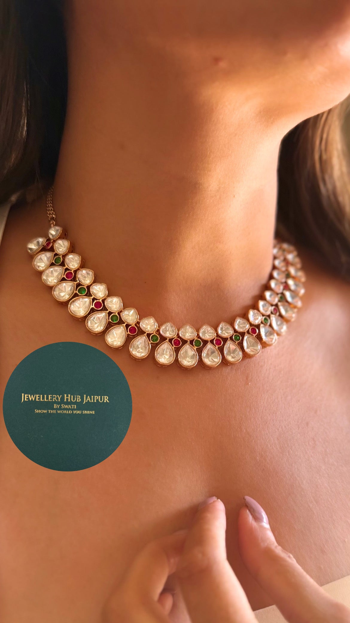 Ruh Moissanite heritage polki emerald ruby necklace with earrings