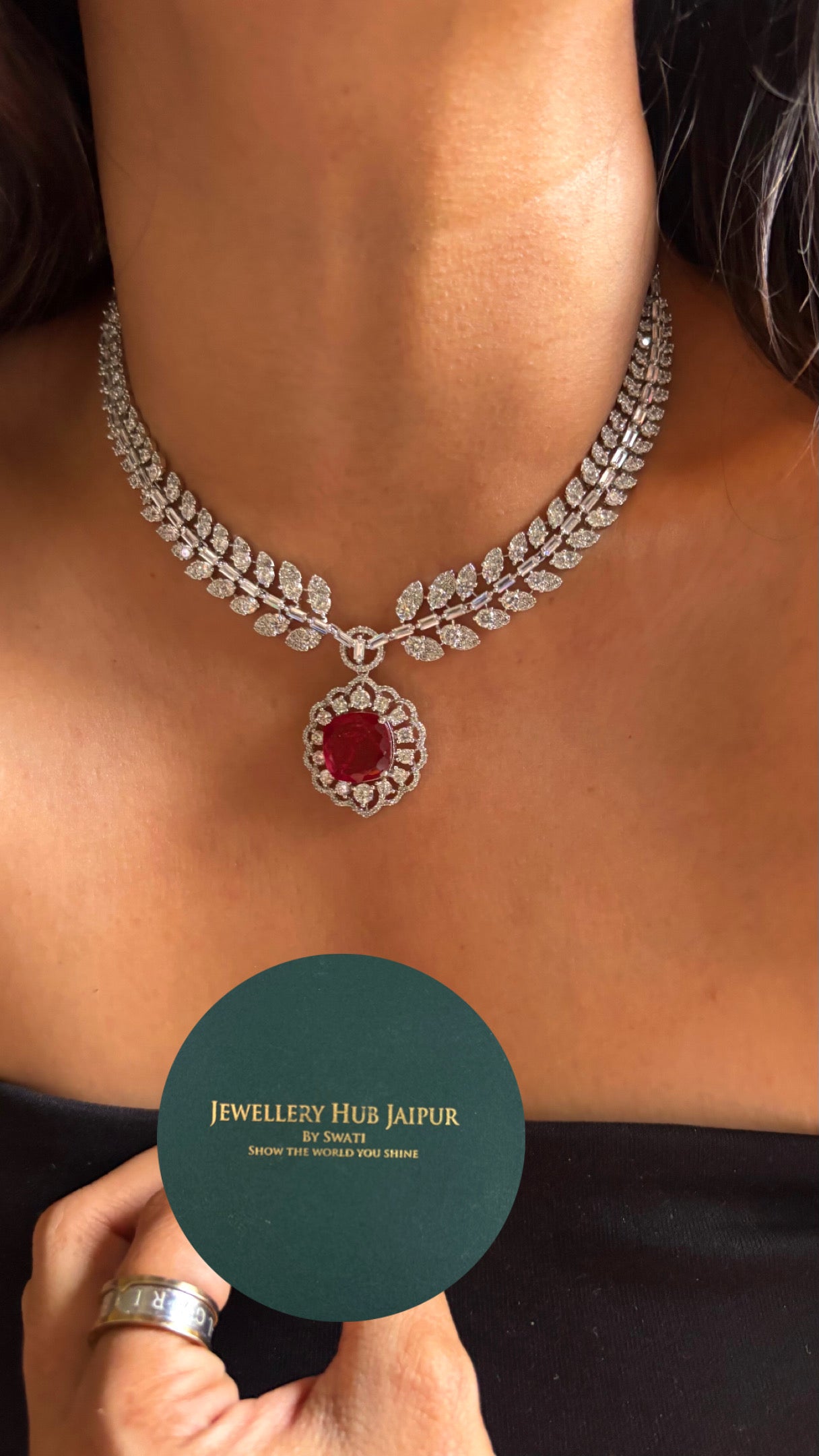 Ruby Designer cz leafy crystal necklace