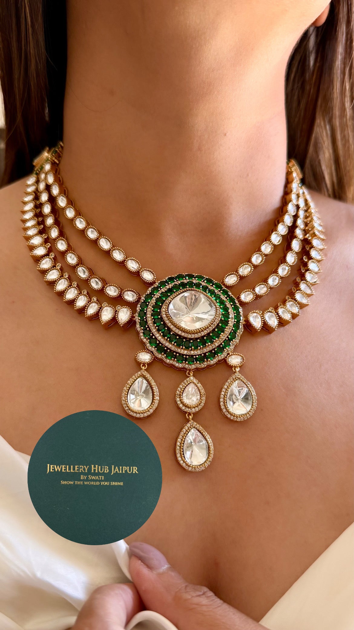 Emerald moissanite polki drop triple layered collar necklace
