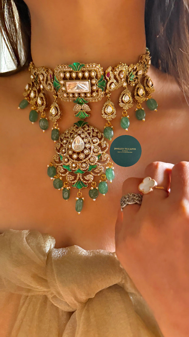 Emerald katdana and Rani pink moissanite uncut polki choker set