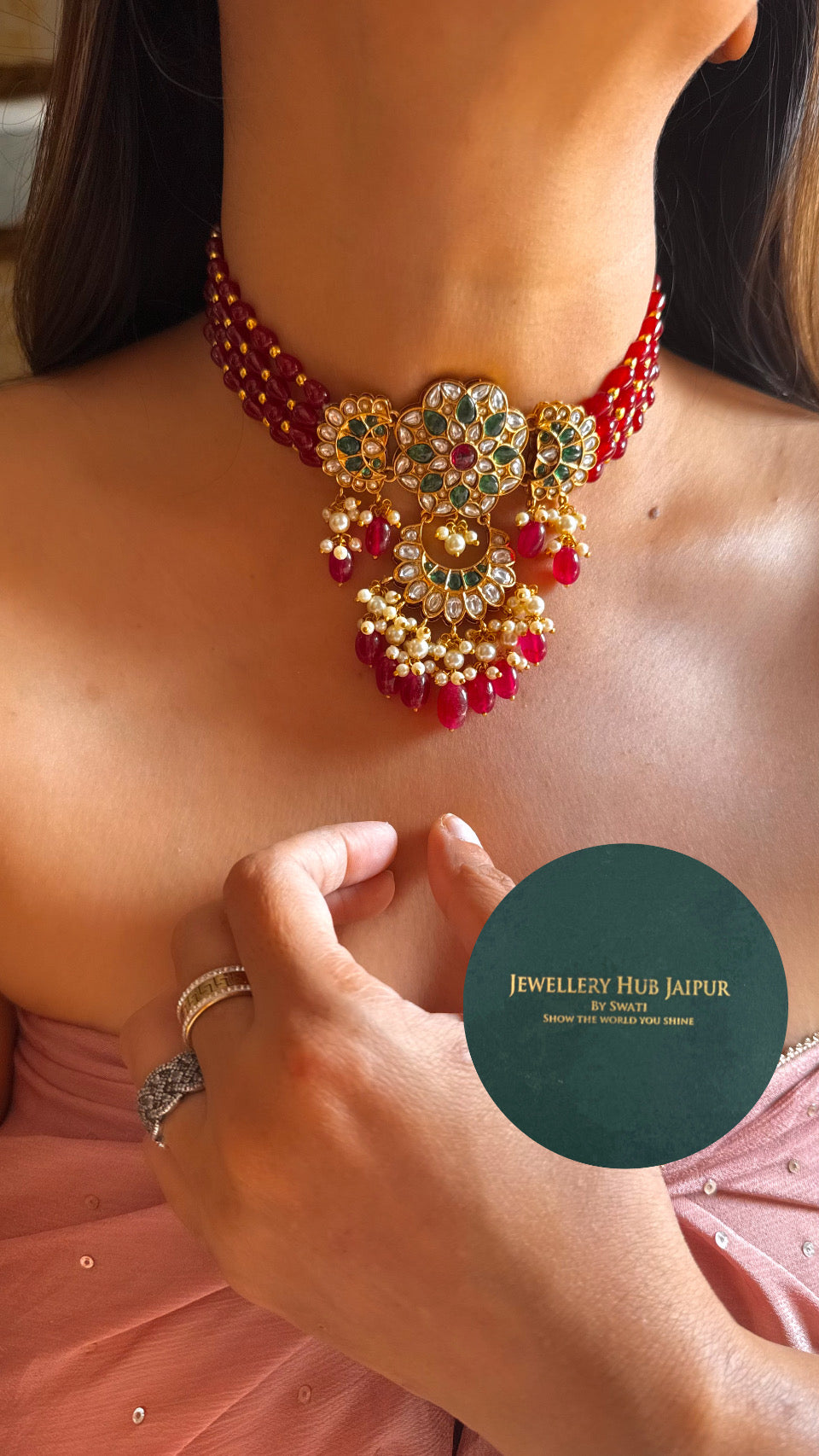 Ruby & emerald mix polki choker