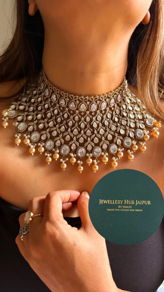 Chetna moissanite polki with pearl drop choker set