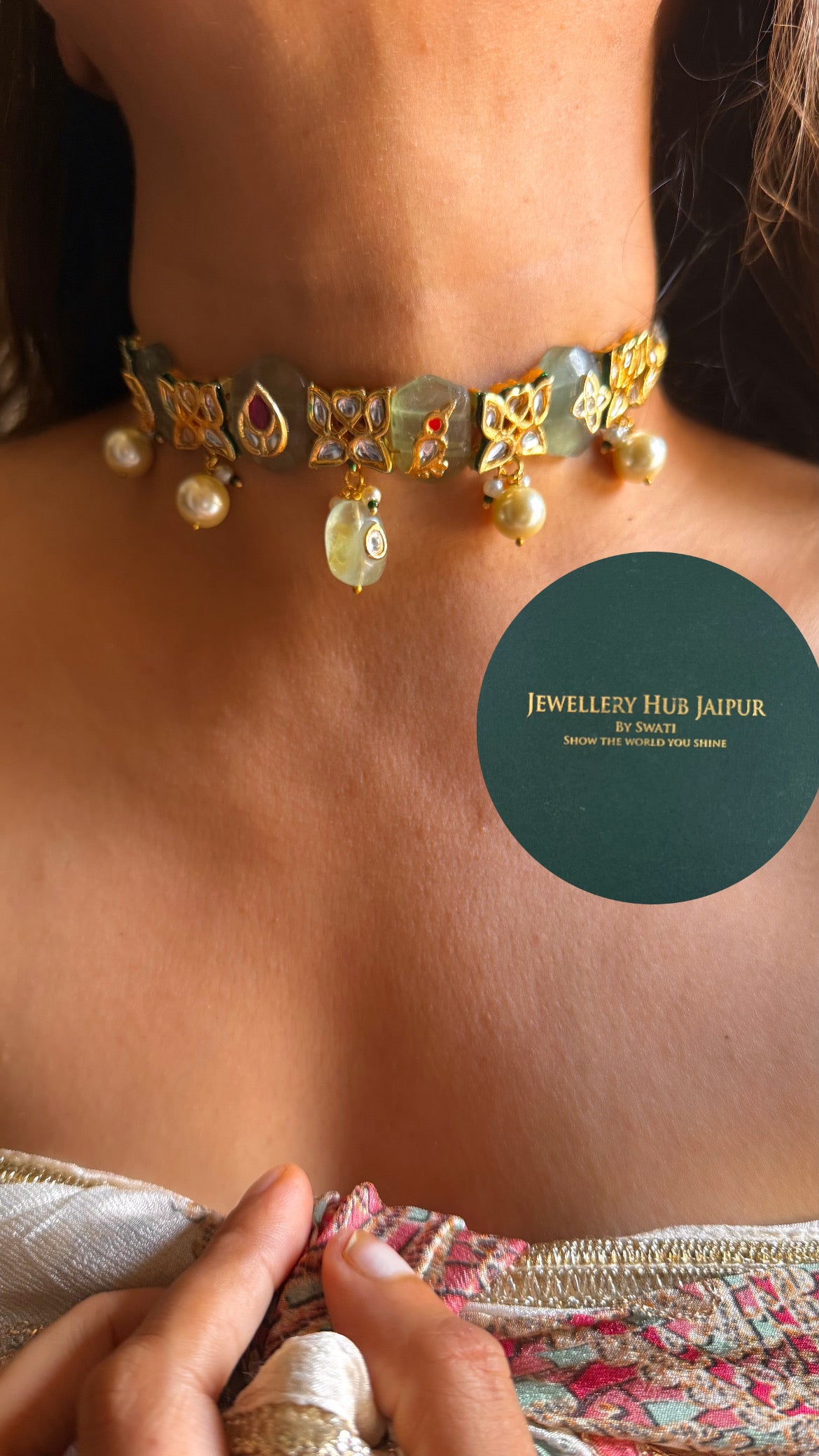 Mint inlay work & emerald meenakari paachi choker set
