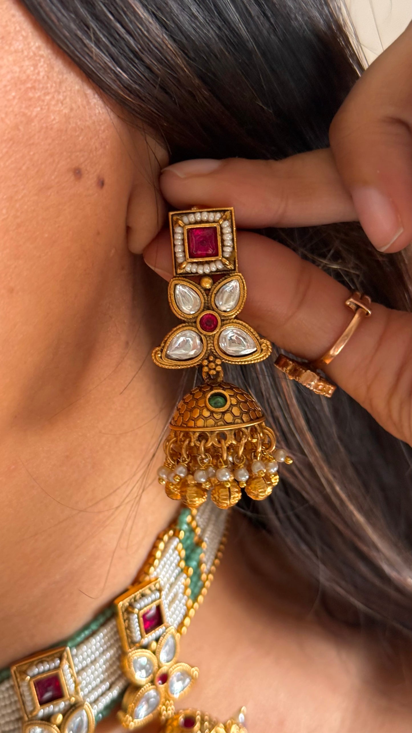 Ruby & emerald jhumki heritage necklace
