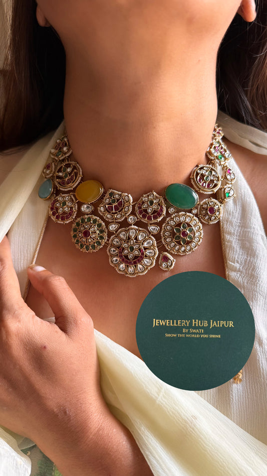 Navratna doublet gems with floral rani pink collar set