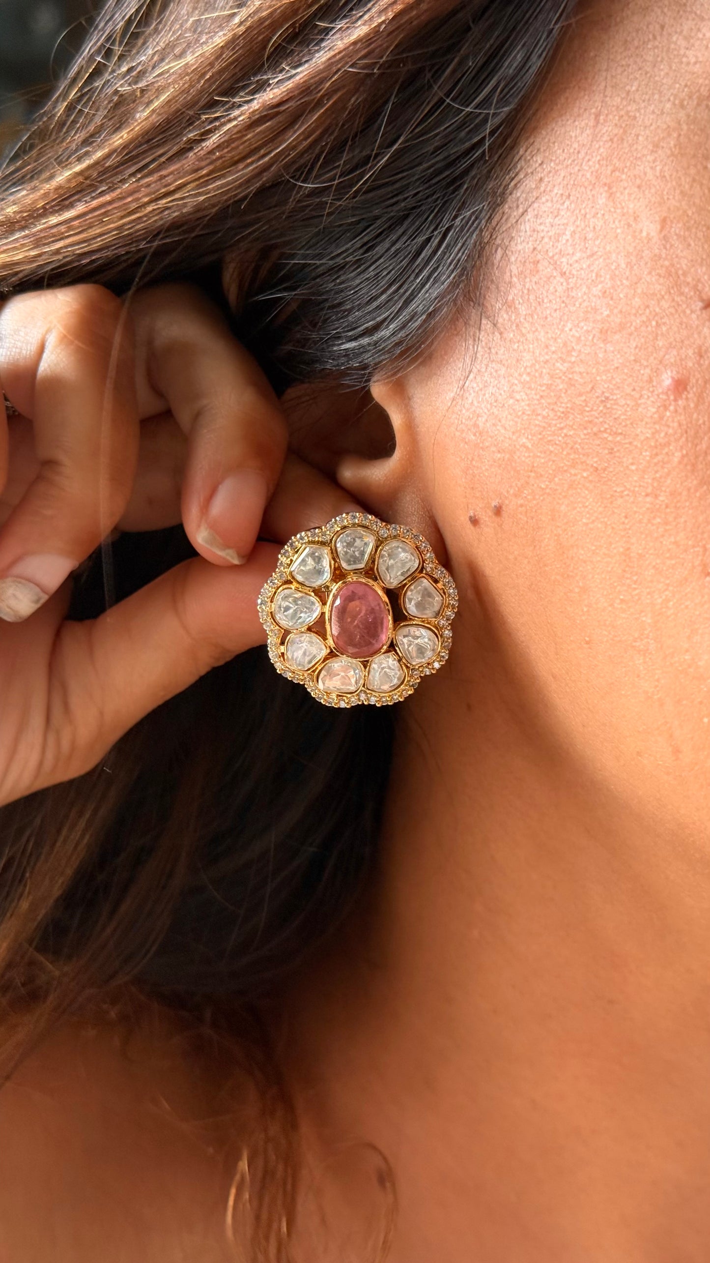 Rose quartz Moissanite studs