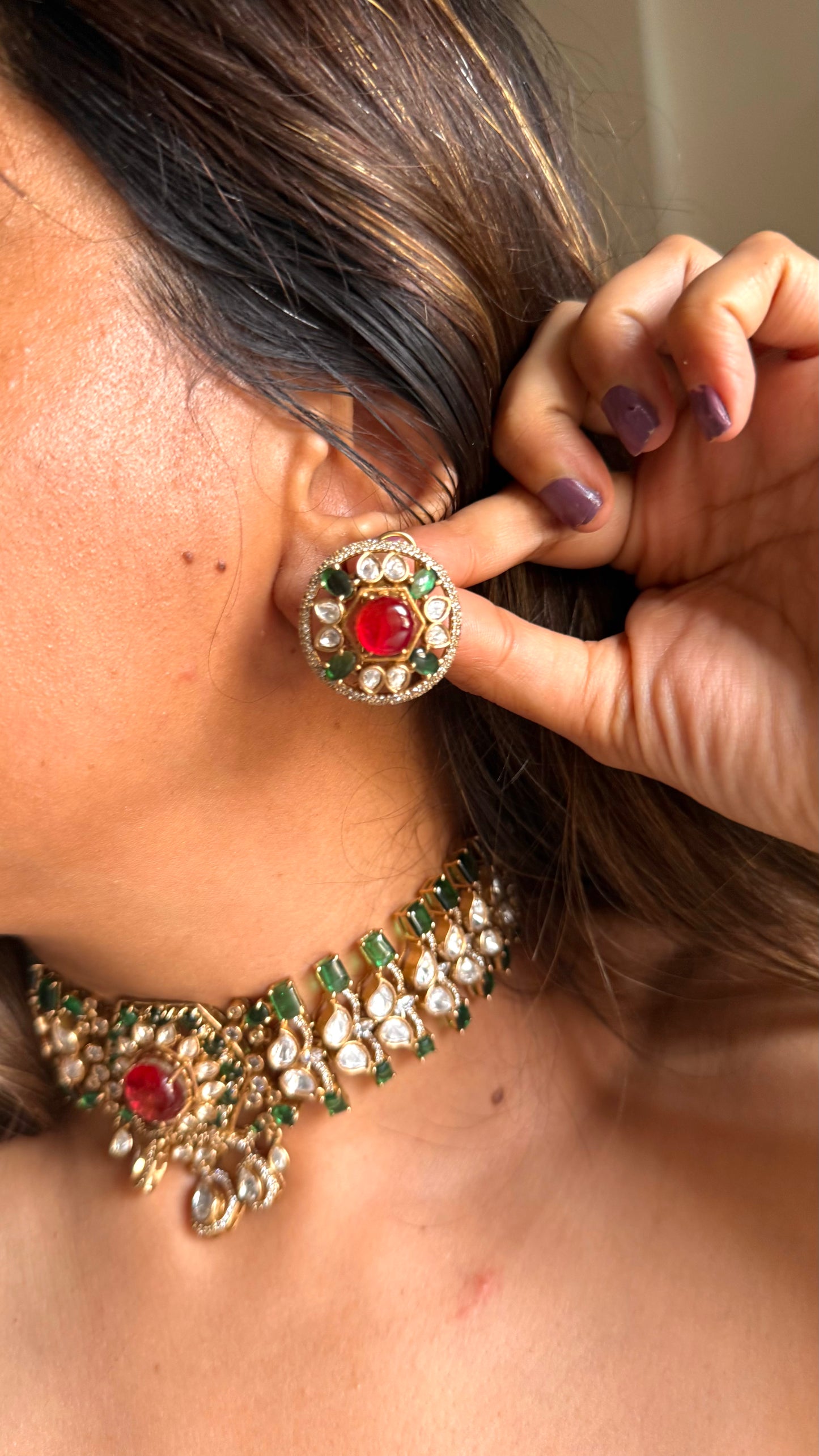 Ruby doublet & emerald moissanite choker set