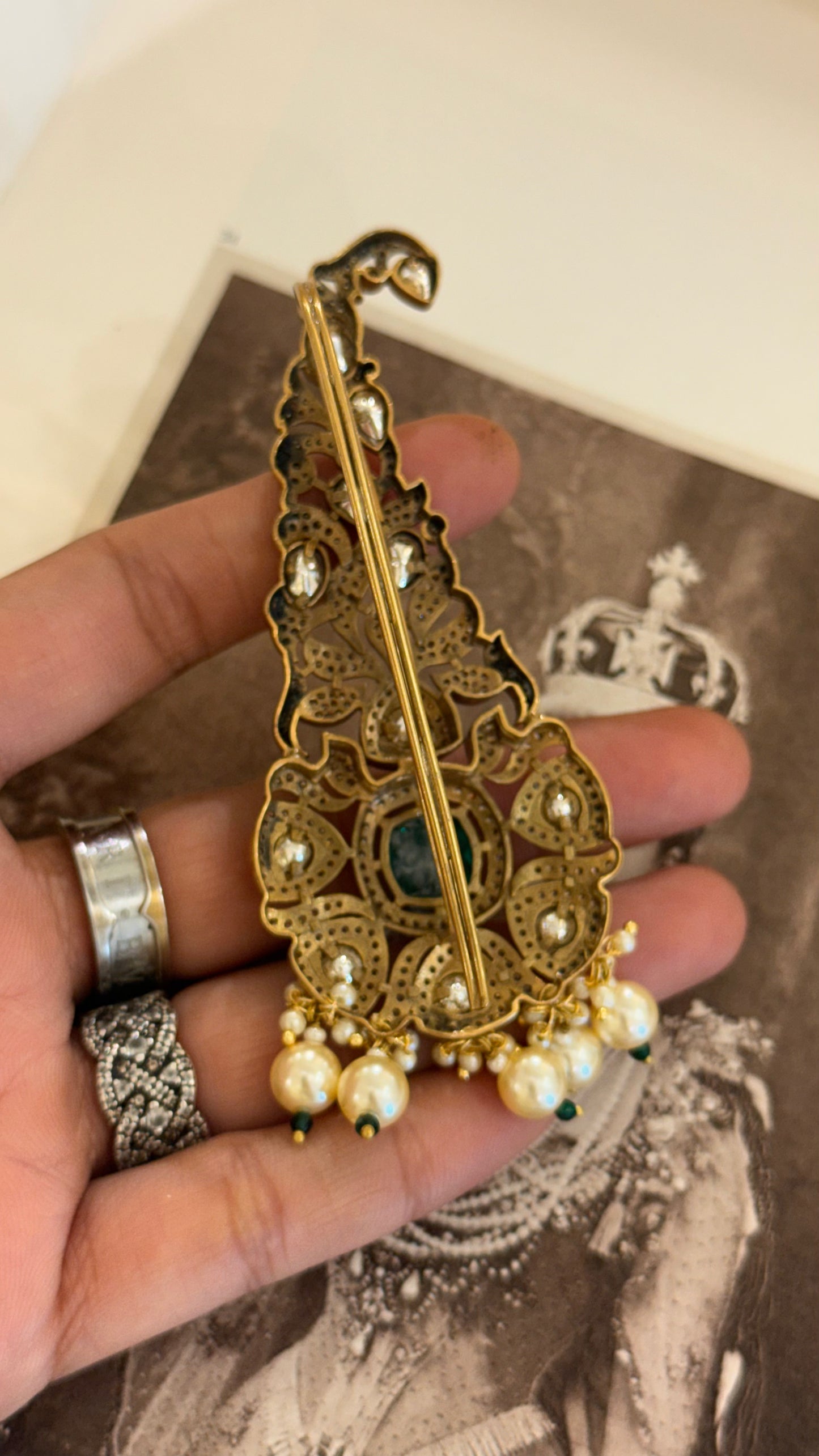 Emerald Moissanite kalgi with pearl detailing