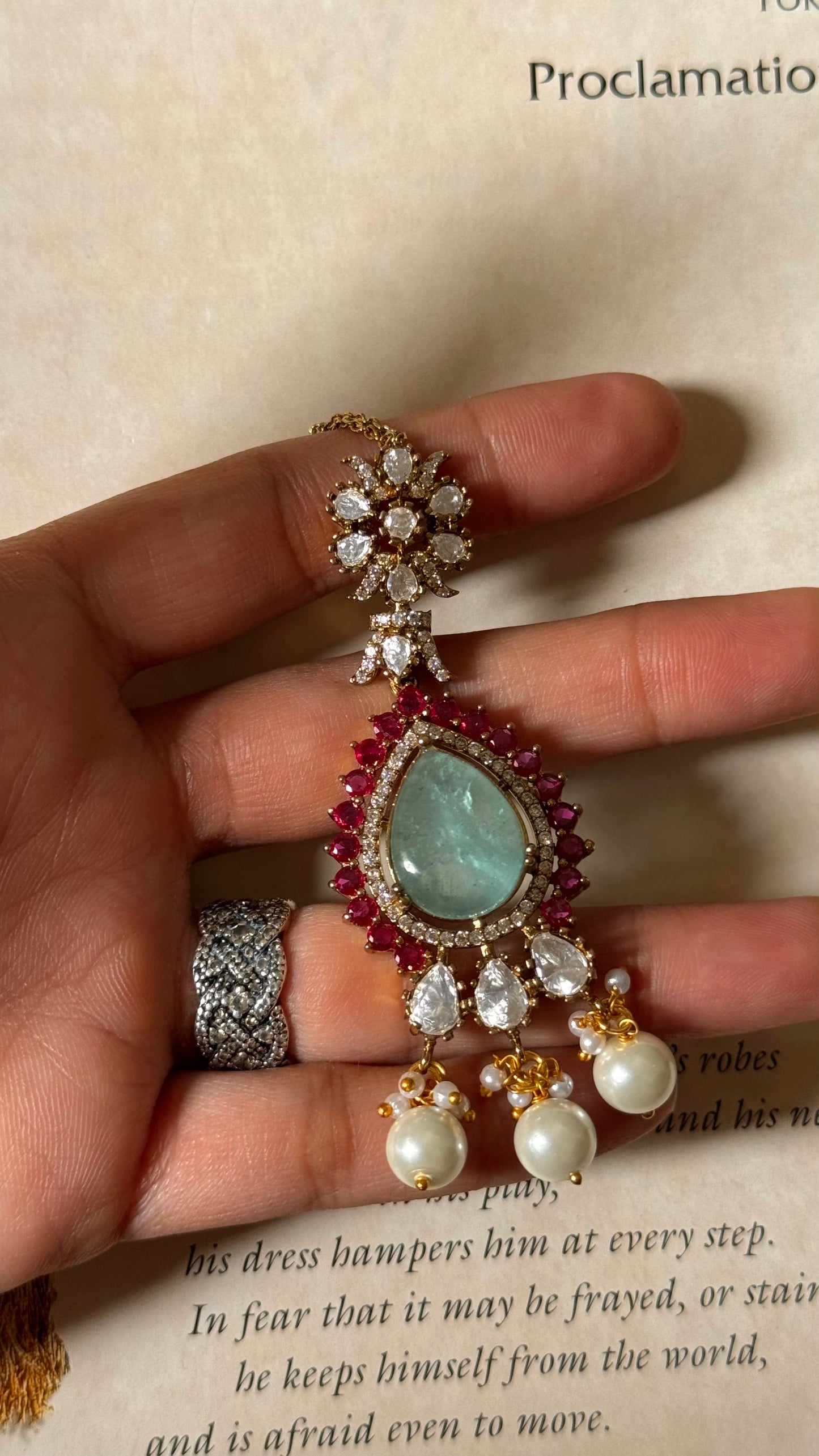 Mint & Rani pink Moissanite with drops Maangtikka