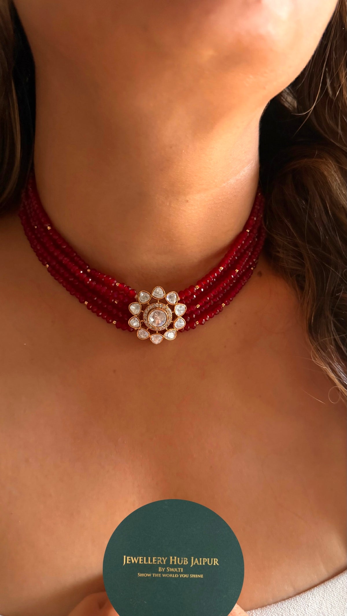Real Moissanite floral polki rani pink ruby pearl detailing choker necklace