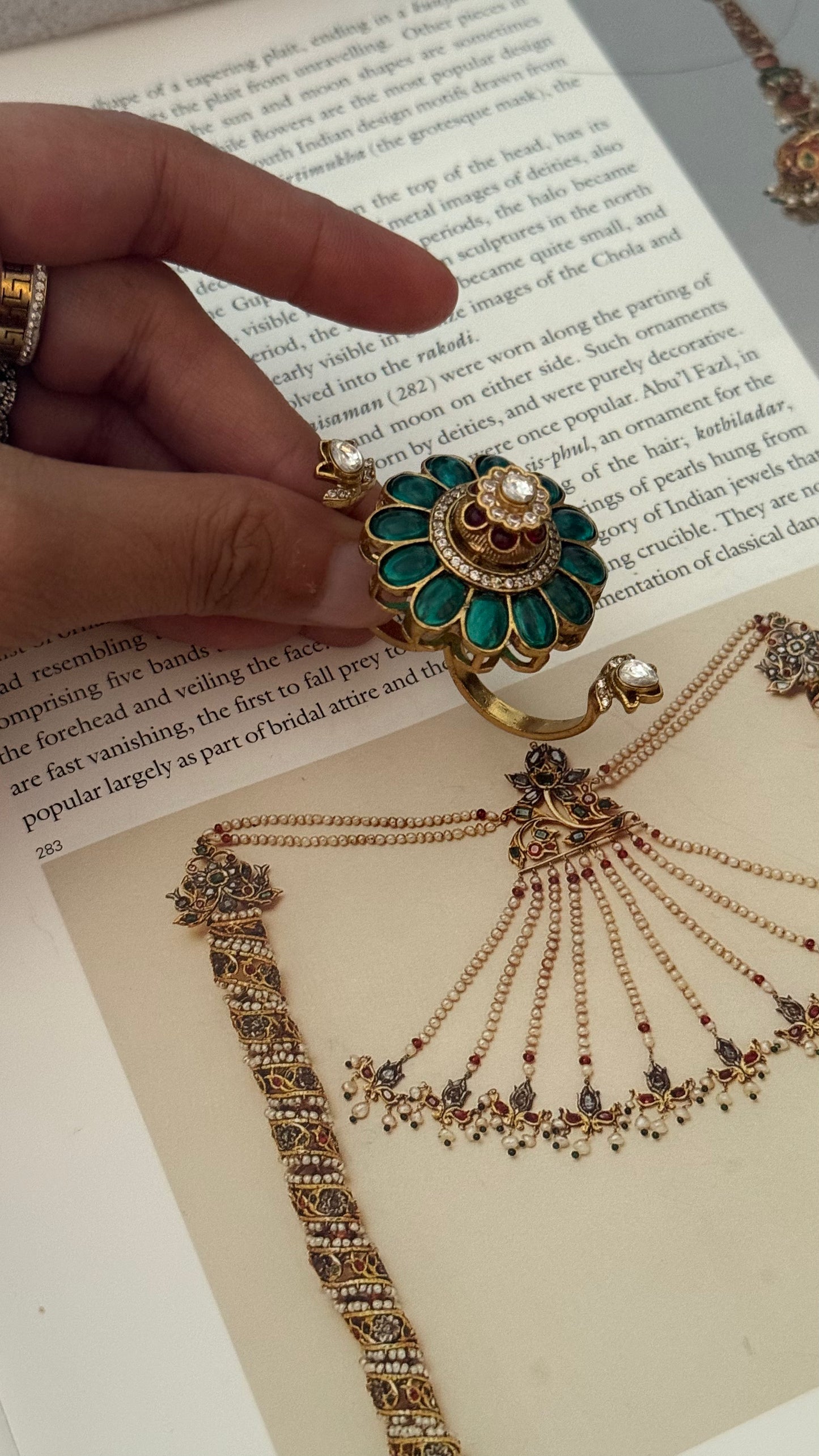 Emerald & ruby floral double finger ring