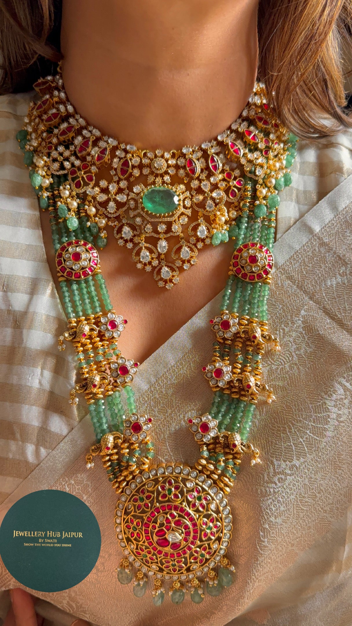Mint doublet with real Moissanite polki bridal combo necklace