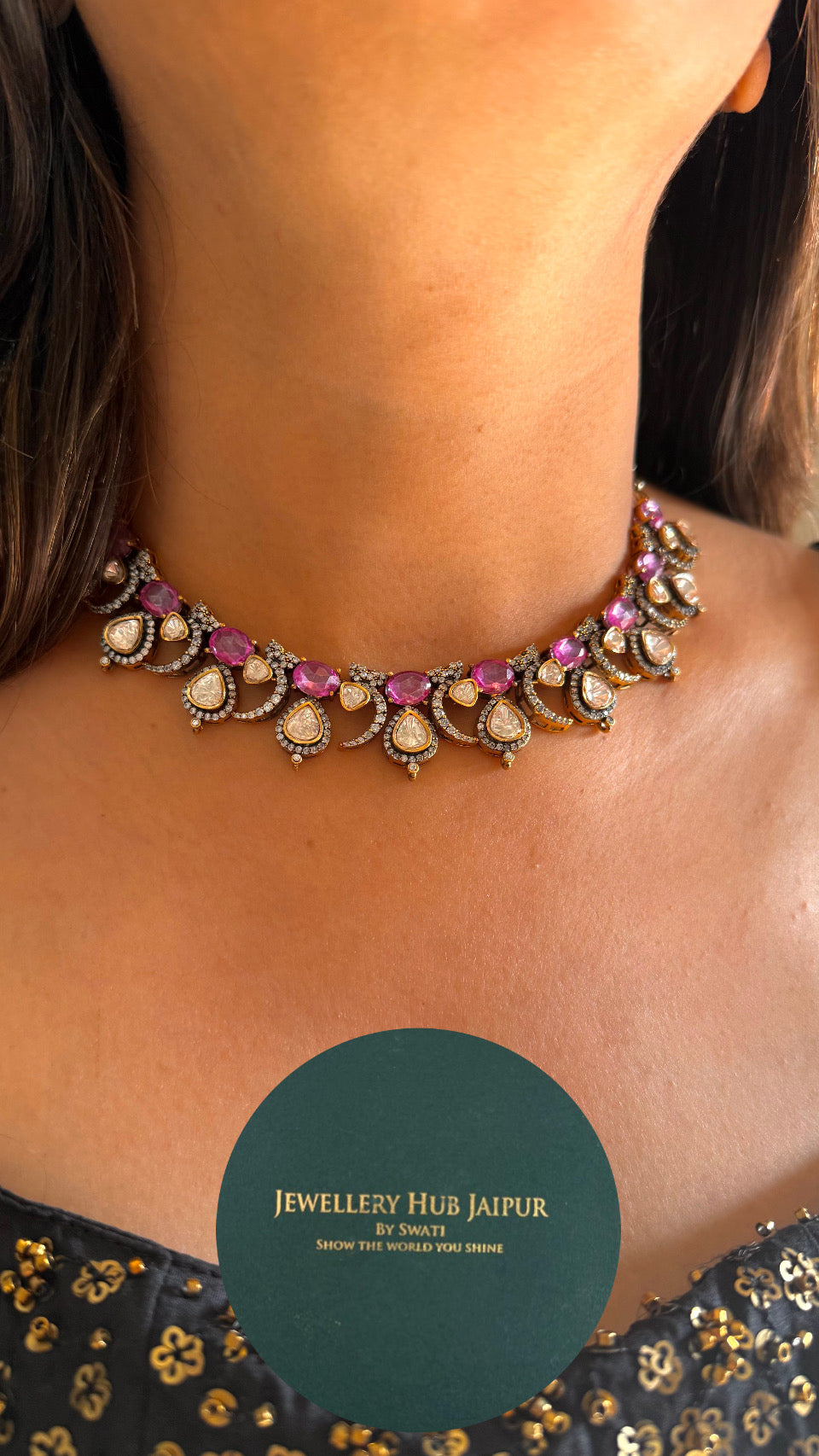 Rani pink moissanite peeli polki collar minimal set