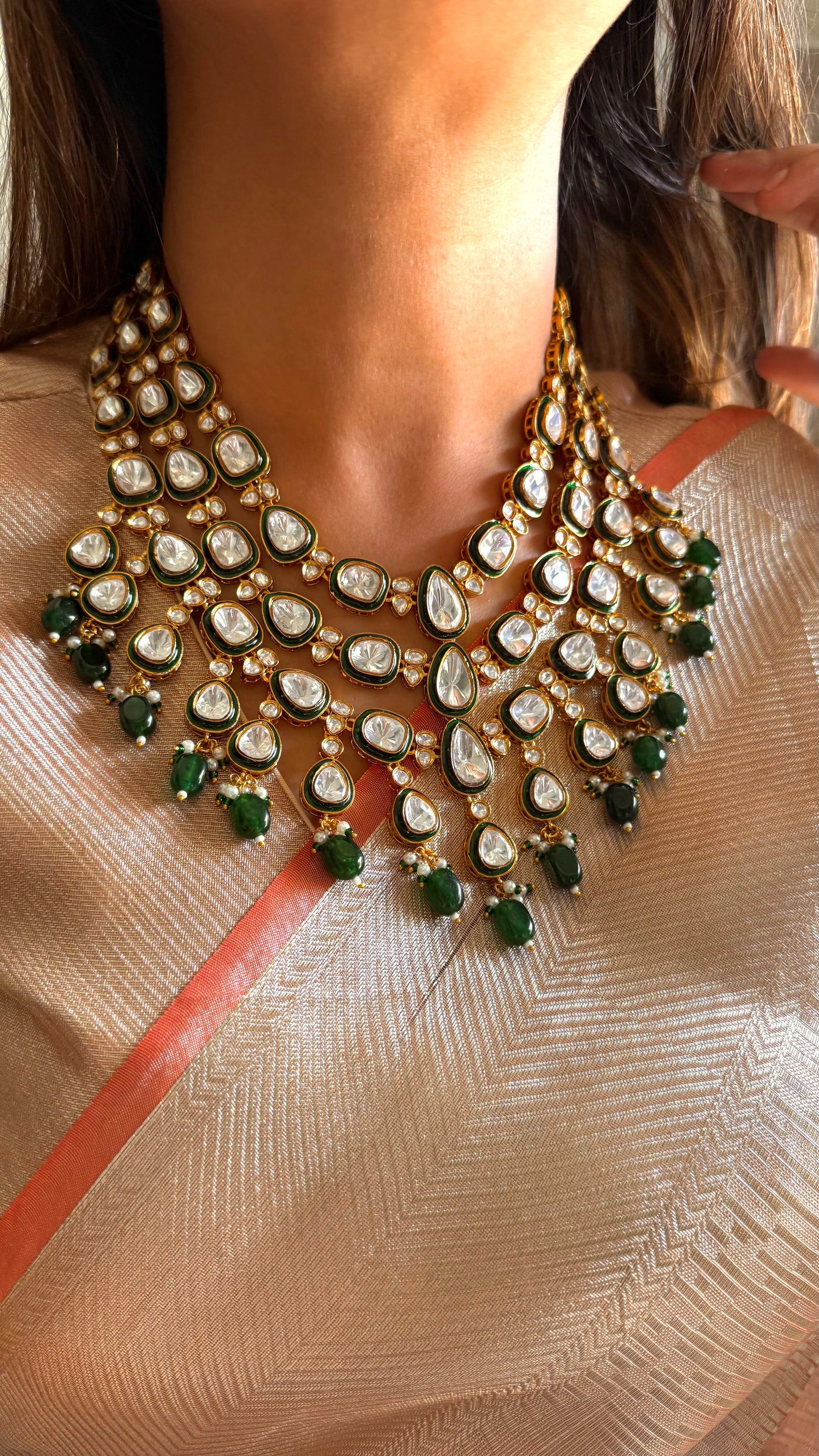 Ankita emerald meenakari polki three layer necklace