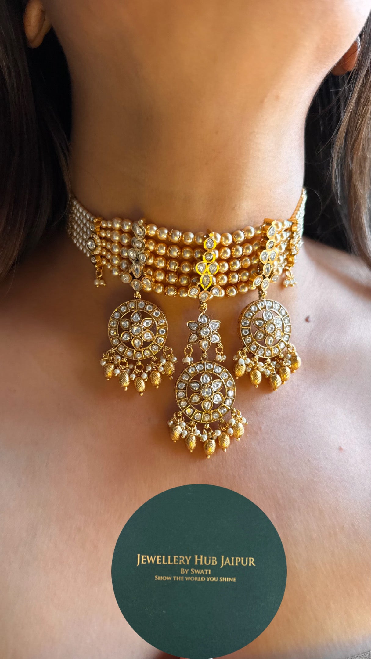 White Moissanite with gold drops rajwada choker Necklace