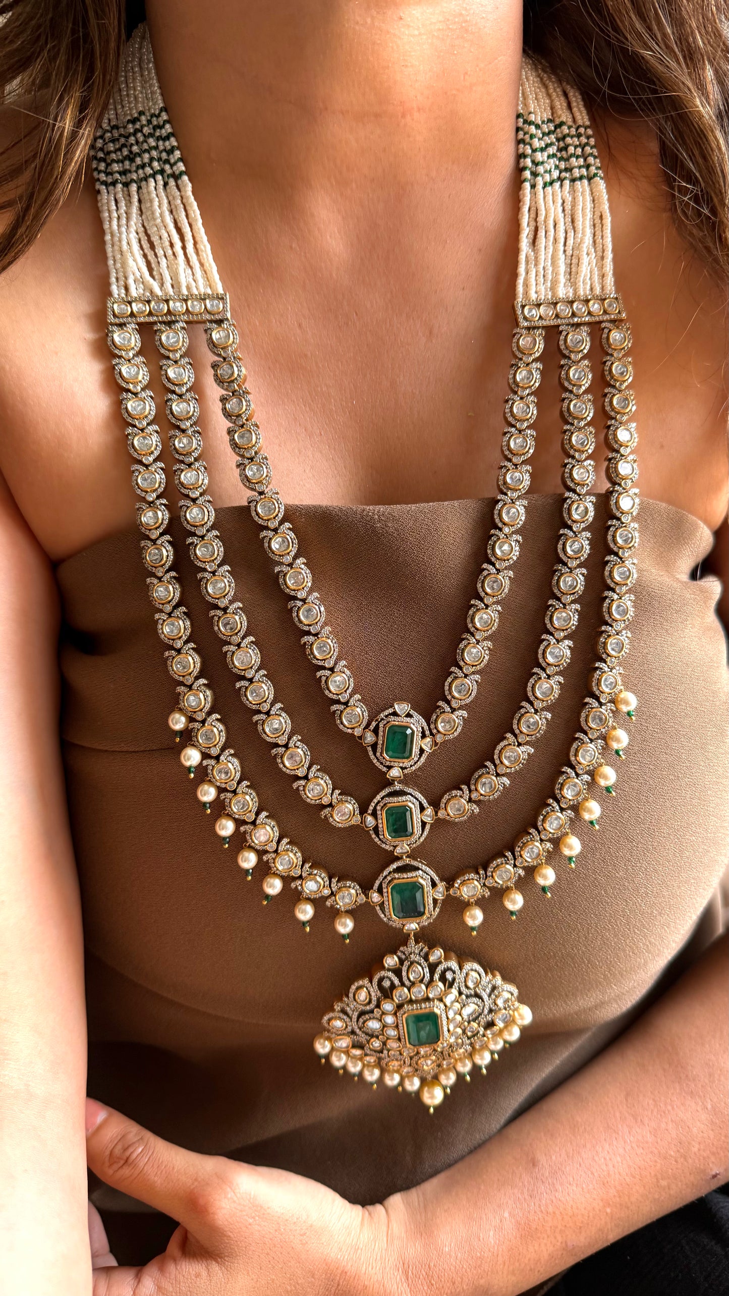 Emerald & Polki Victorian Rani Haar with pearl detailing