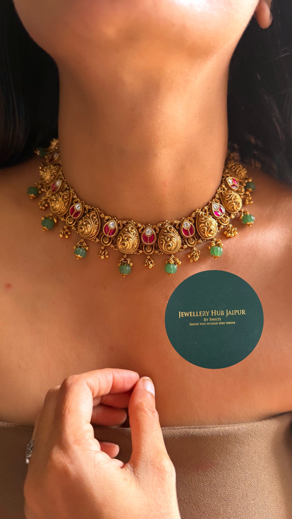 Rani pink katdana leaf & mint drop temple collar set