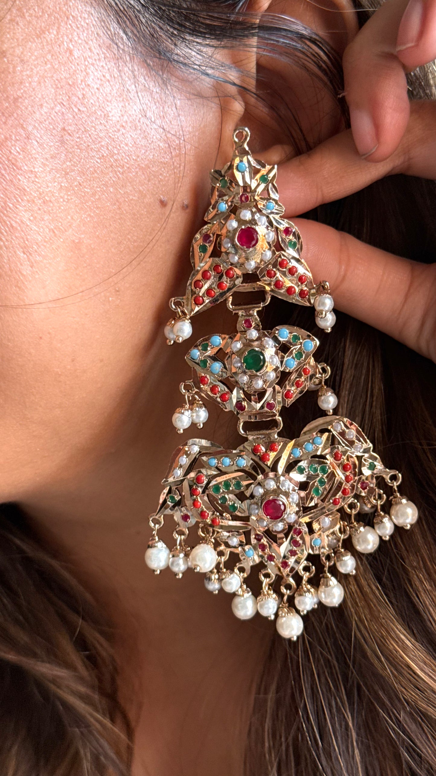 Navratna Jadau triple layer danglers