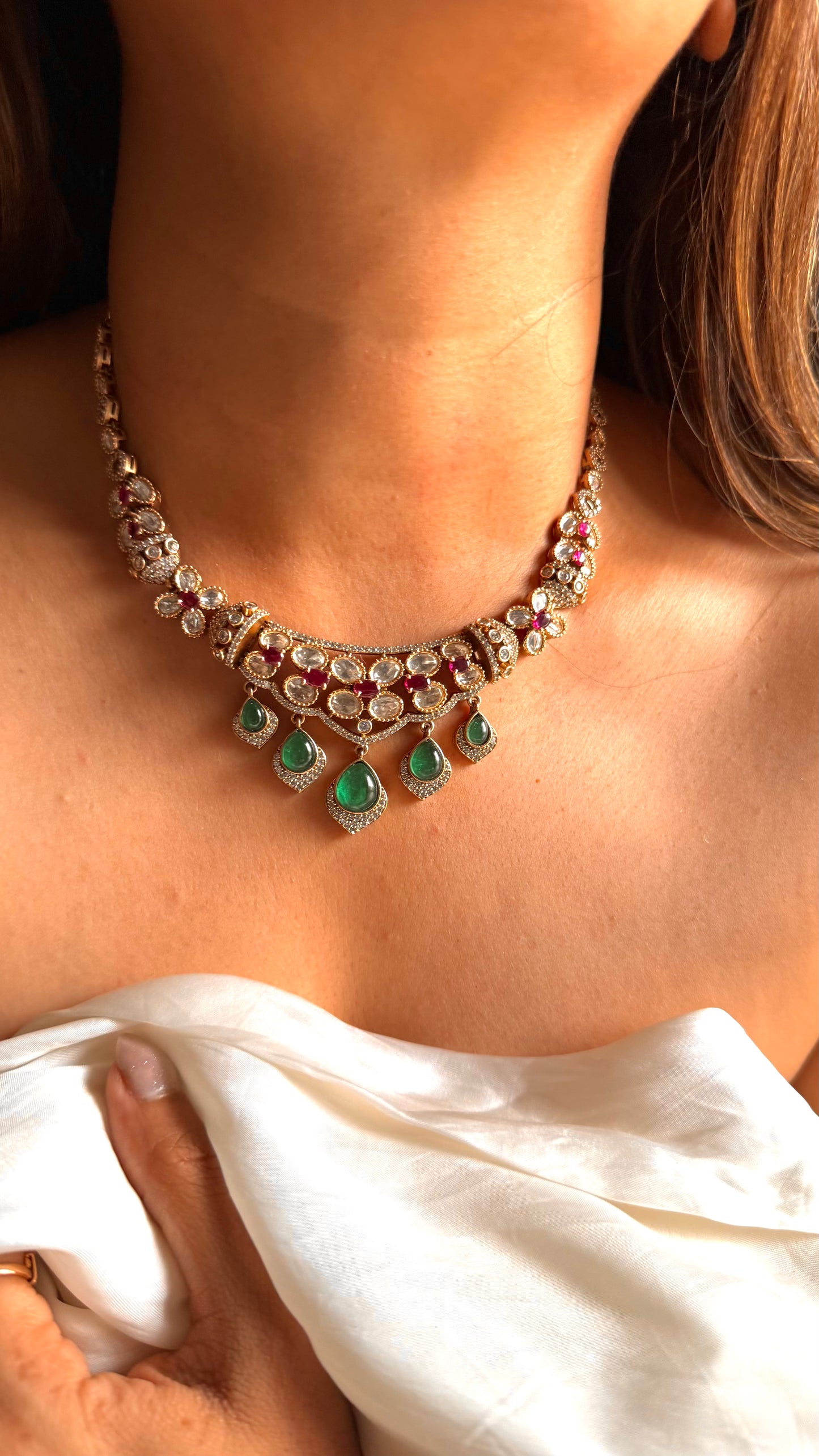 Emerald doublet & rani pink Moissanite collar set