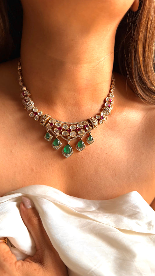Emerald doublet & rani pink Moissanite collar set