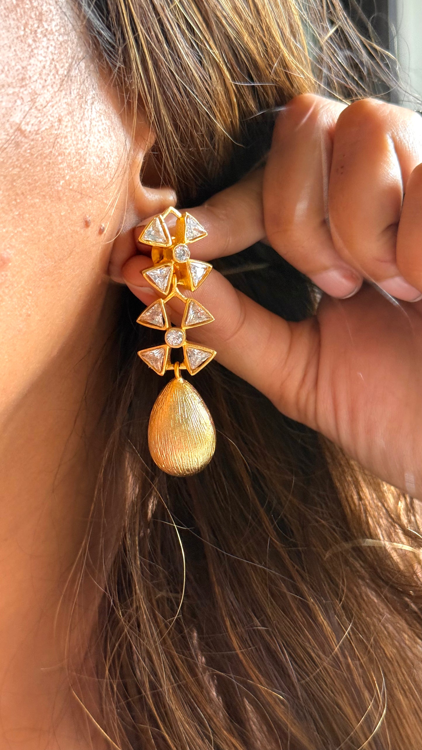 24kt Dubai Gold inspired Almond danglers with triangular polki