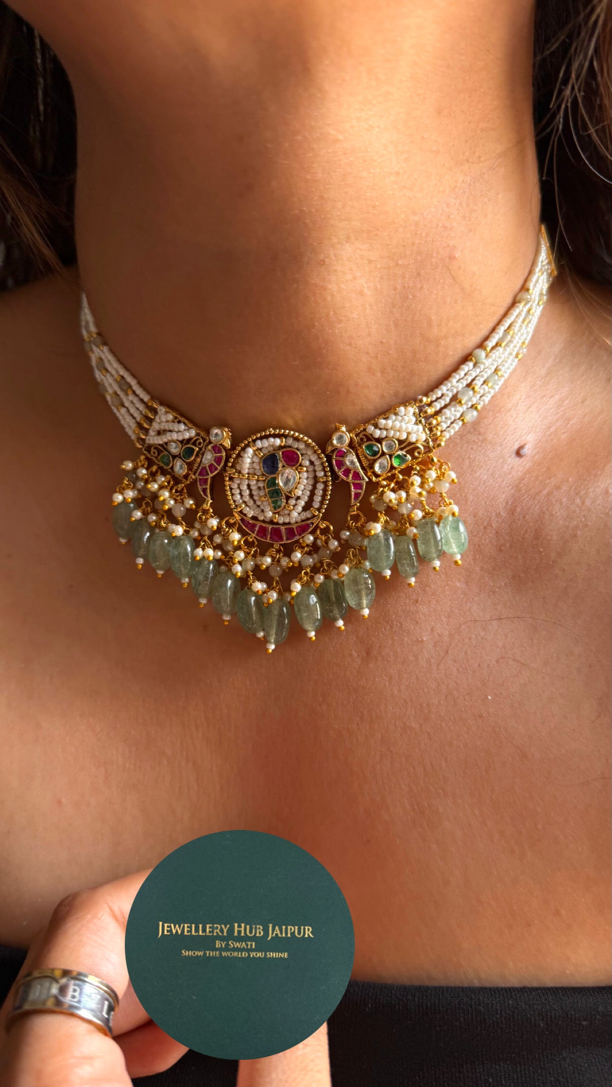 Paachi kundan choker with mint strawberry detailing