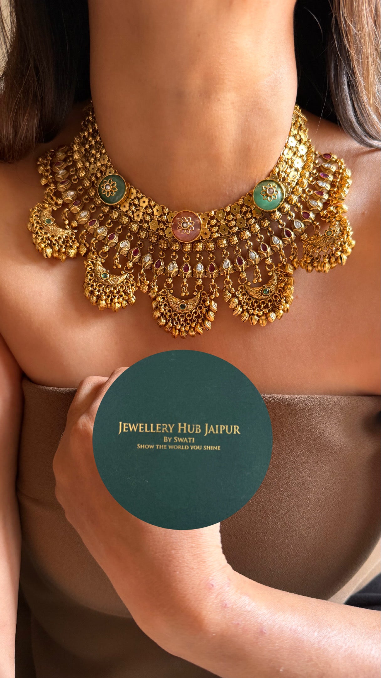 Rose quartz & mint with golden drops Rajwada Necklace