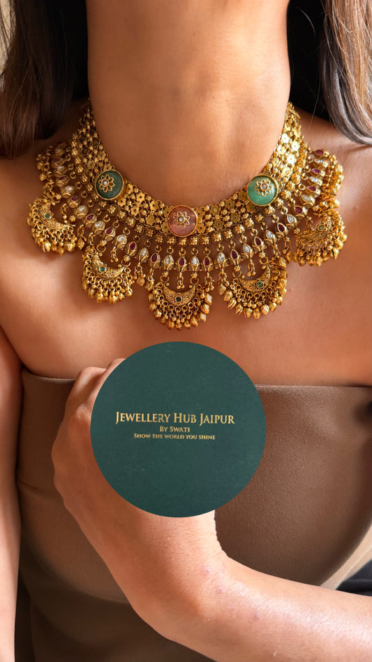 Rose quartz & mint with golden drops Rajwada Necklace