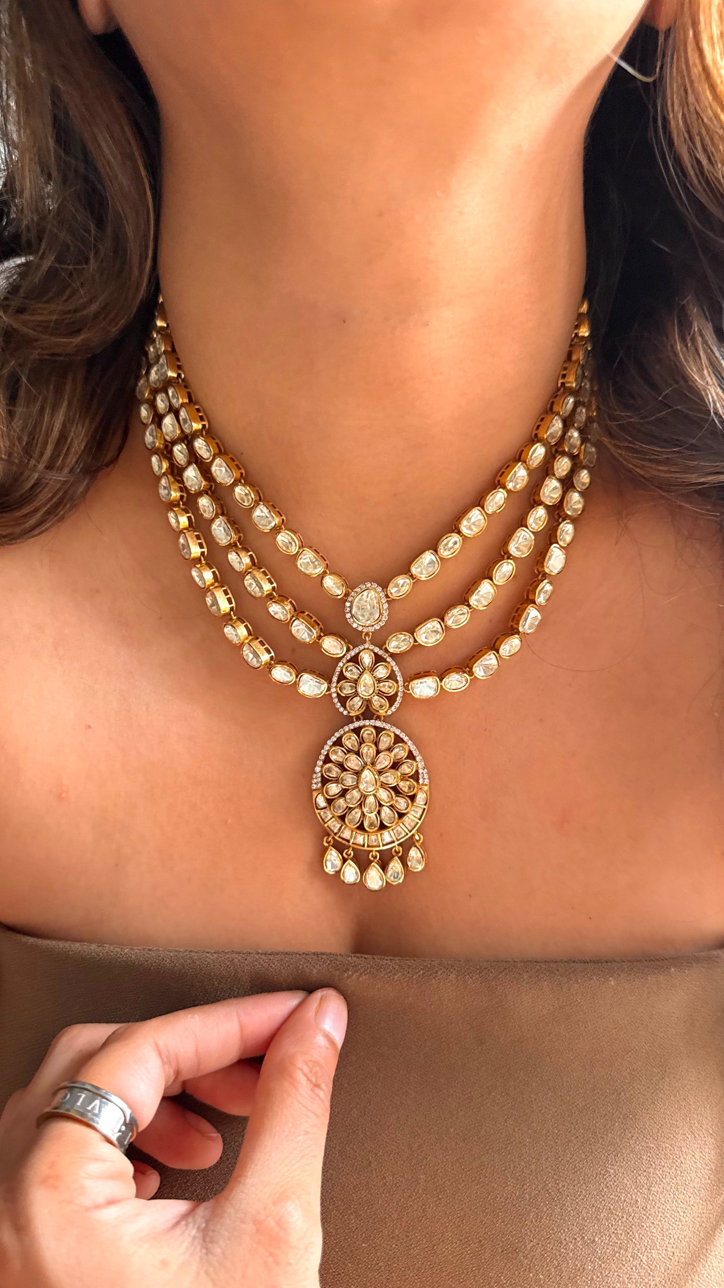 Peeli polki triple line designer necklace