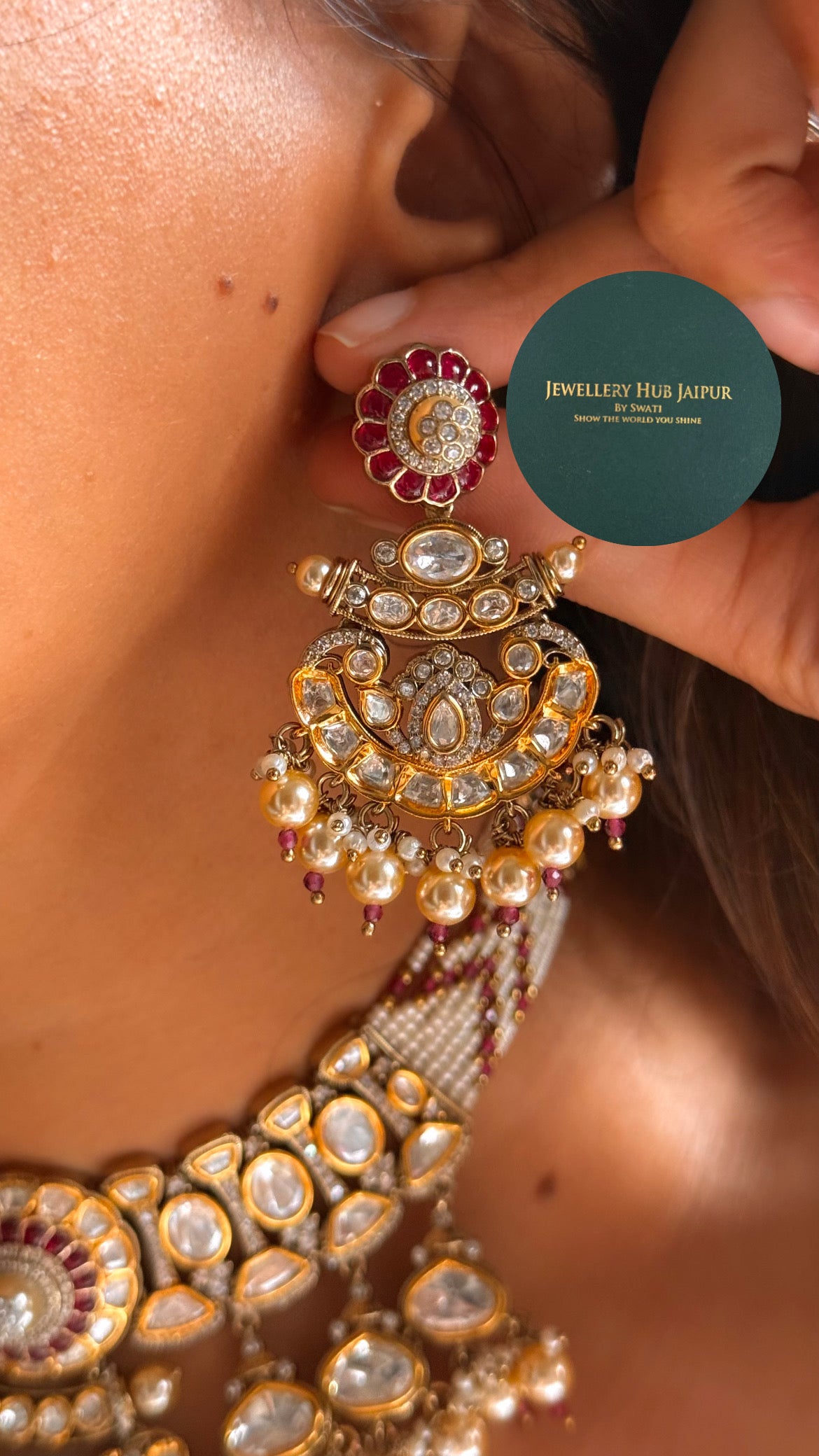 Rani pink moissanite floral with pearl drop choker set
