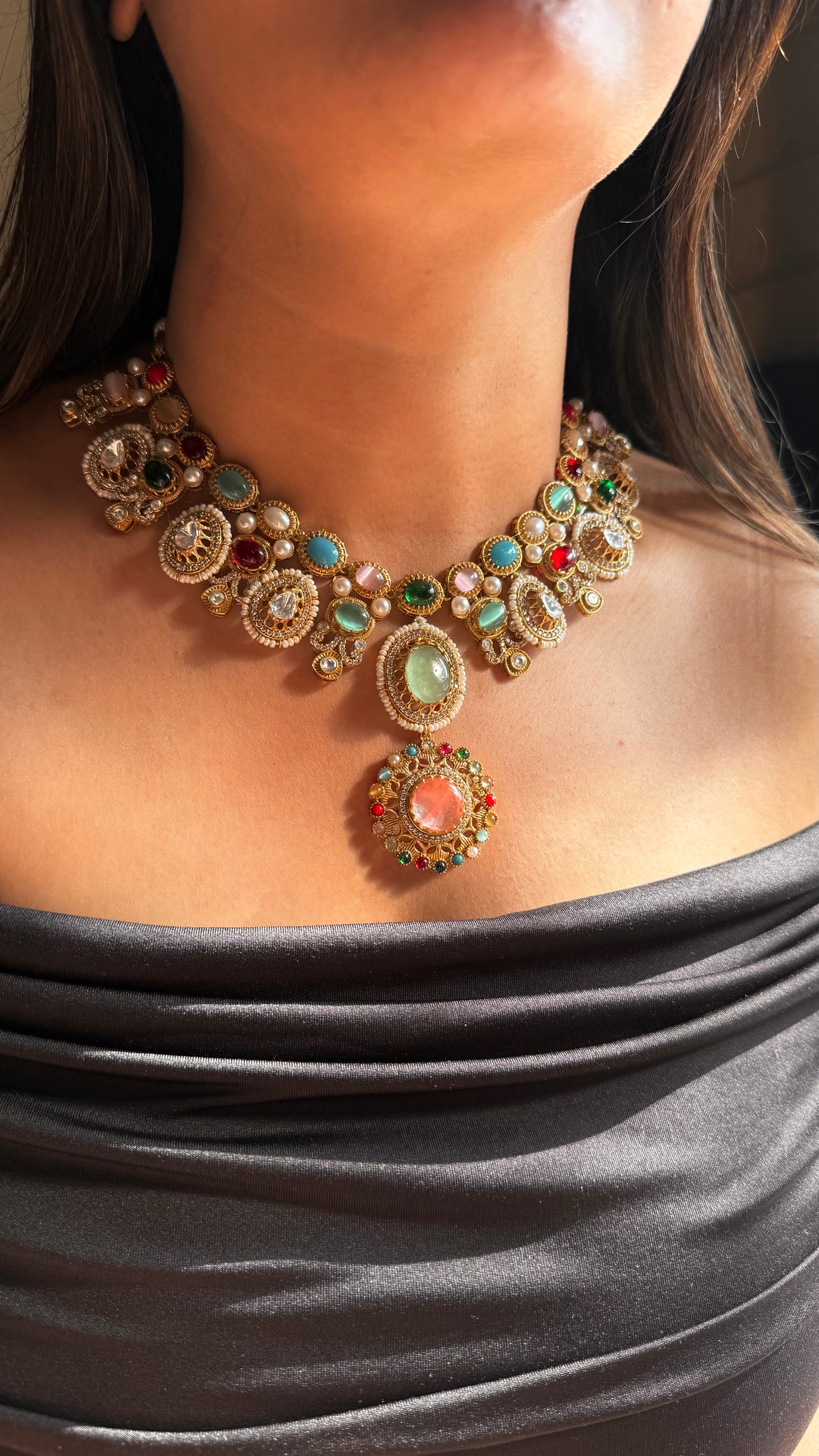 Navratna peach & mint pendant choker set