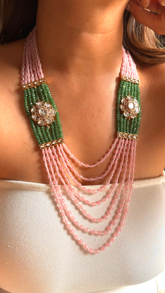 Rose quartz & emerald floral moissanite string