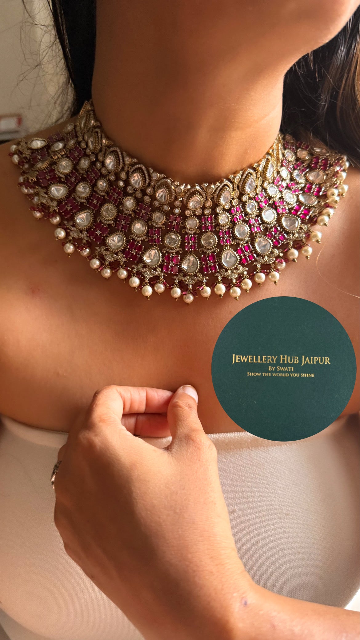 Rani pink moissanite uncut polki Victorian pearl drop choker set