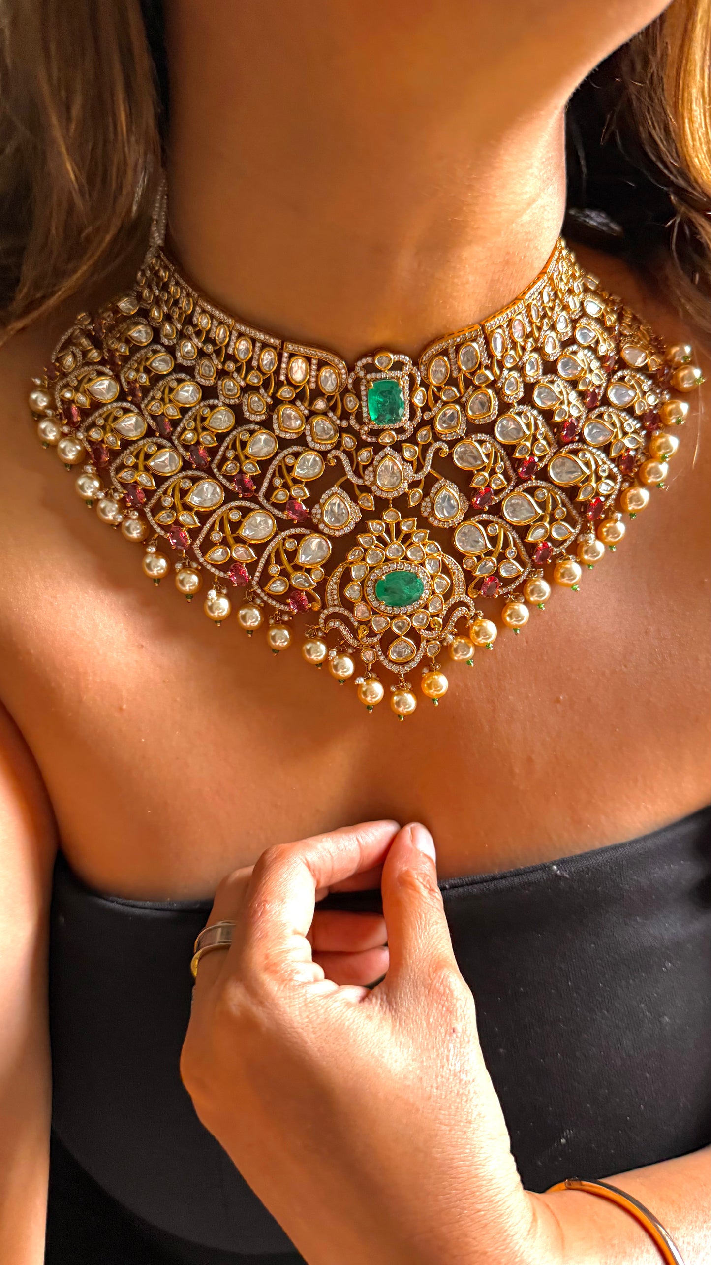 Rose Quartz & Emerald designer Polki Bridal Necklace