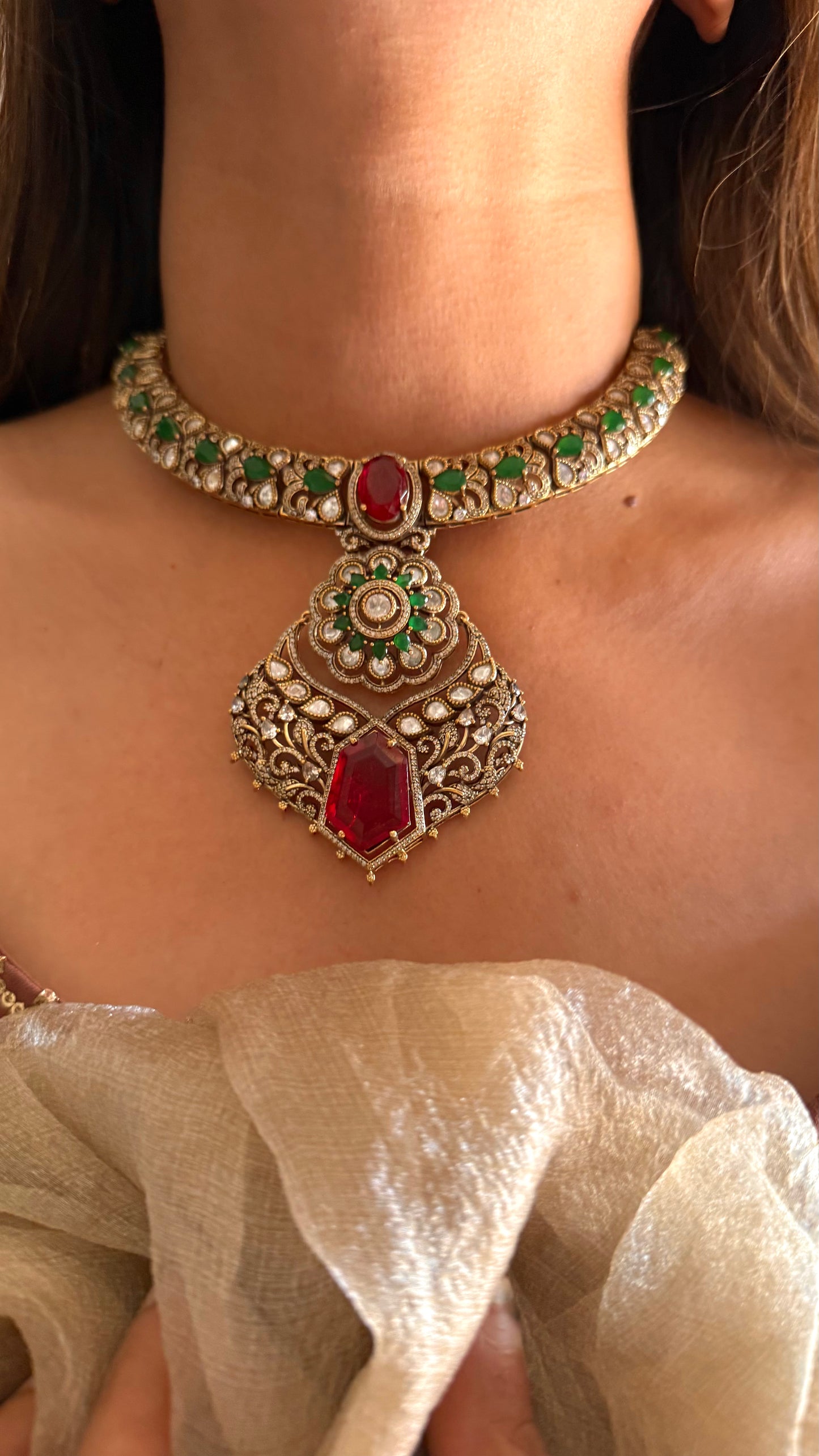 Laali- Ruby doublet & emerald polki moissanite collar necklace