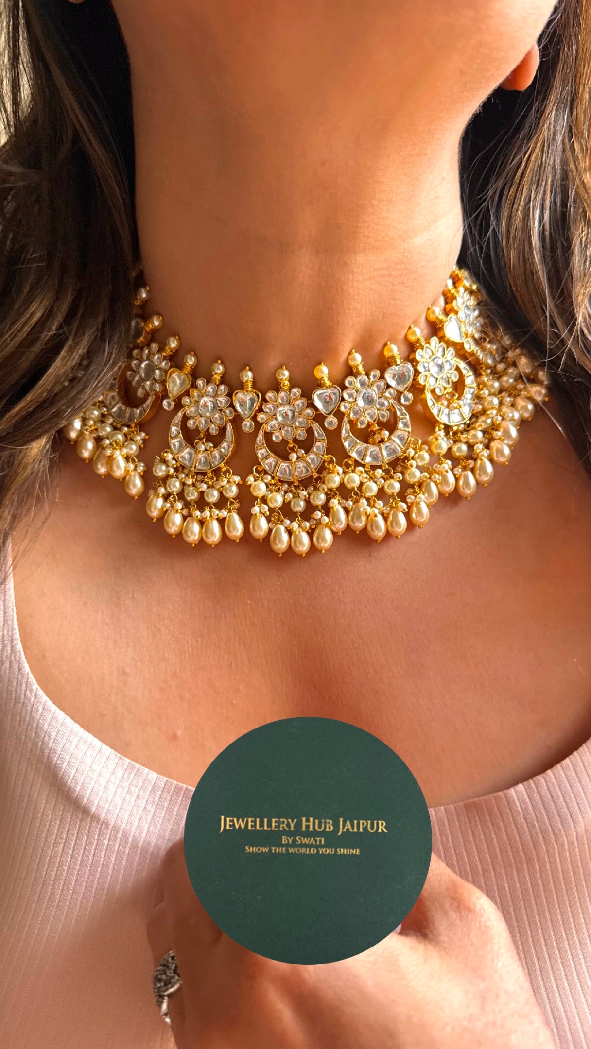 Paachi Kundan jadau half moon shape with tear drop choker necklace