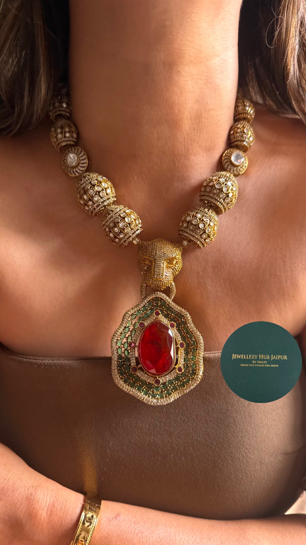 Ruby doublet with emerald cocktail leopard collar necklace