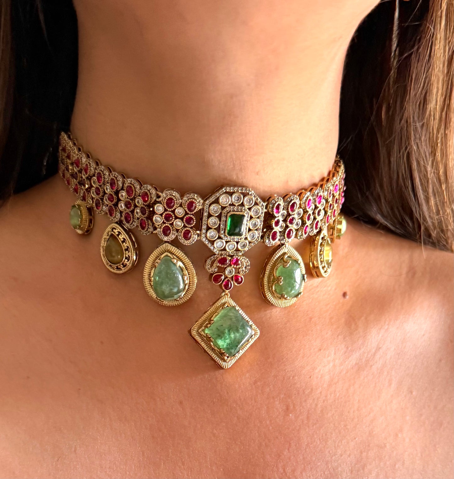 Vanya Mint doublet and rani pink moissanite choker set