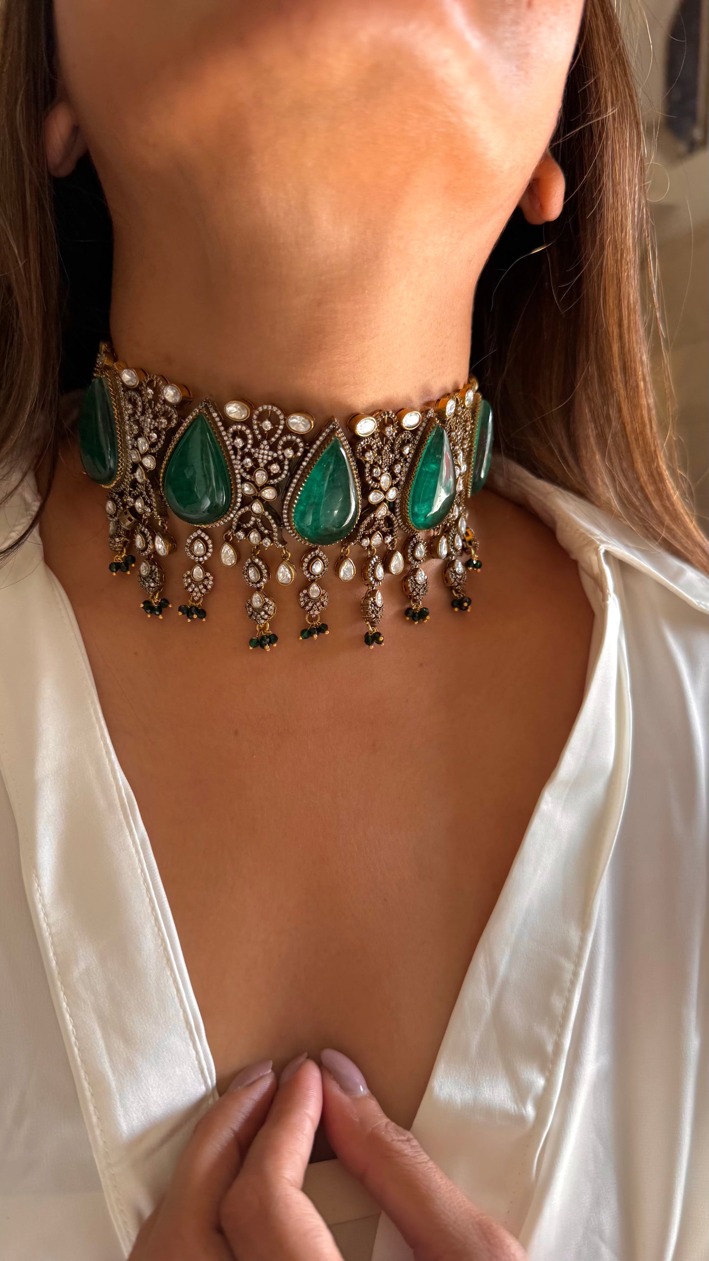 Yugma Emerald doublet victorian moissanite choker