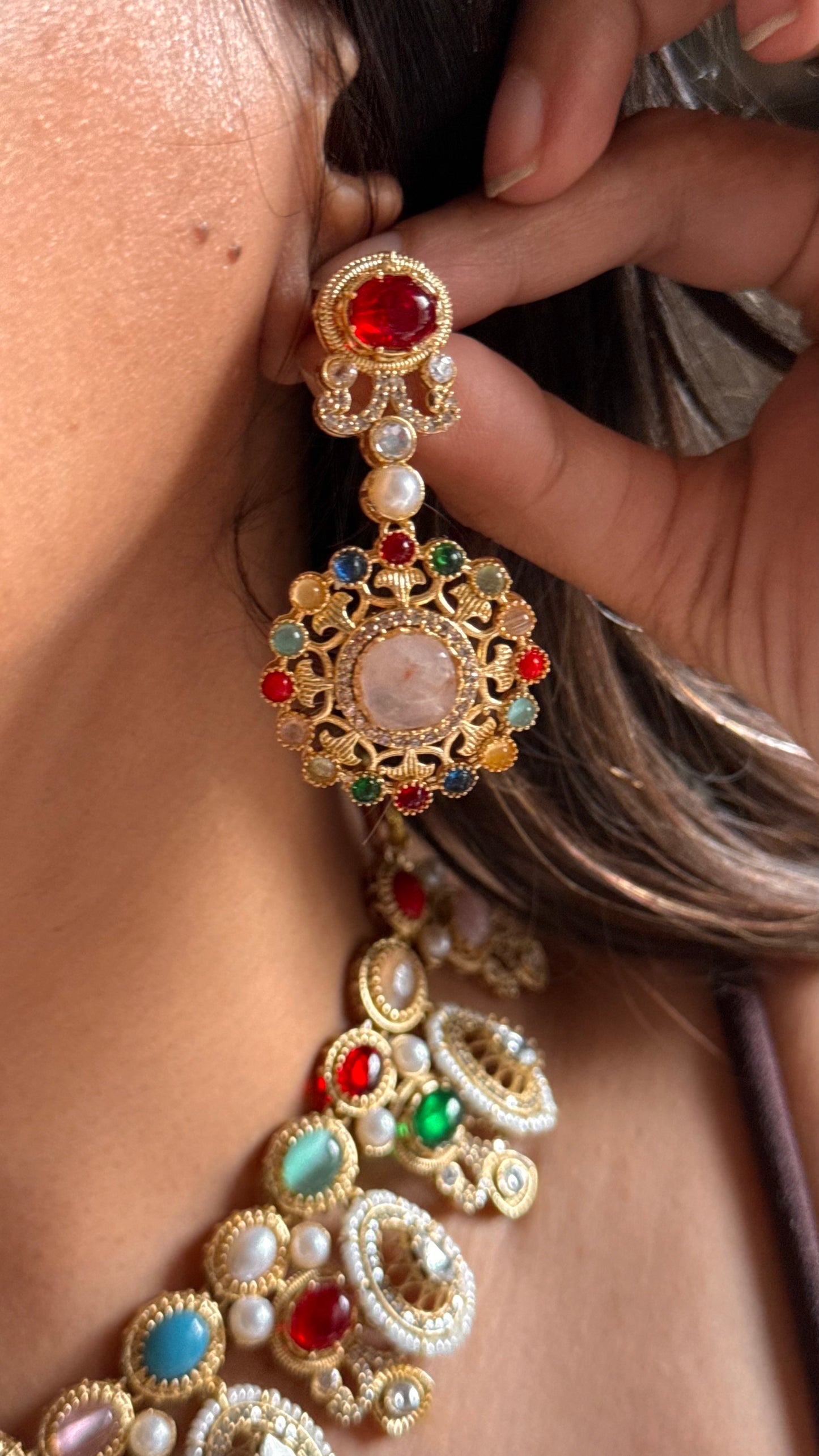 Sabyasachi inspired navratna ( rose quartz ) necklace