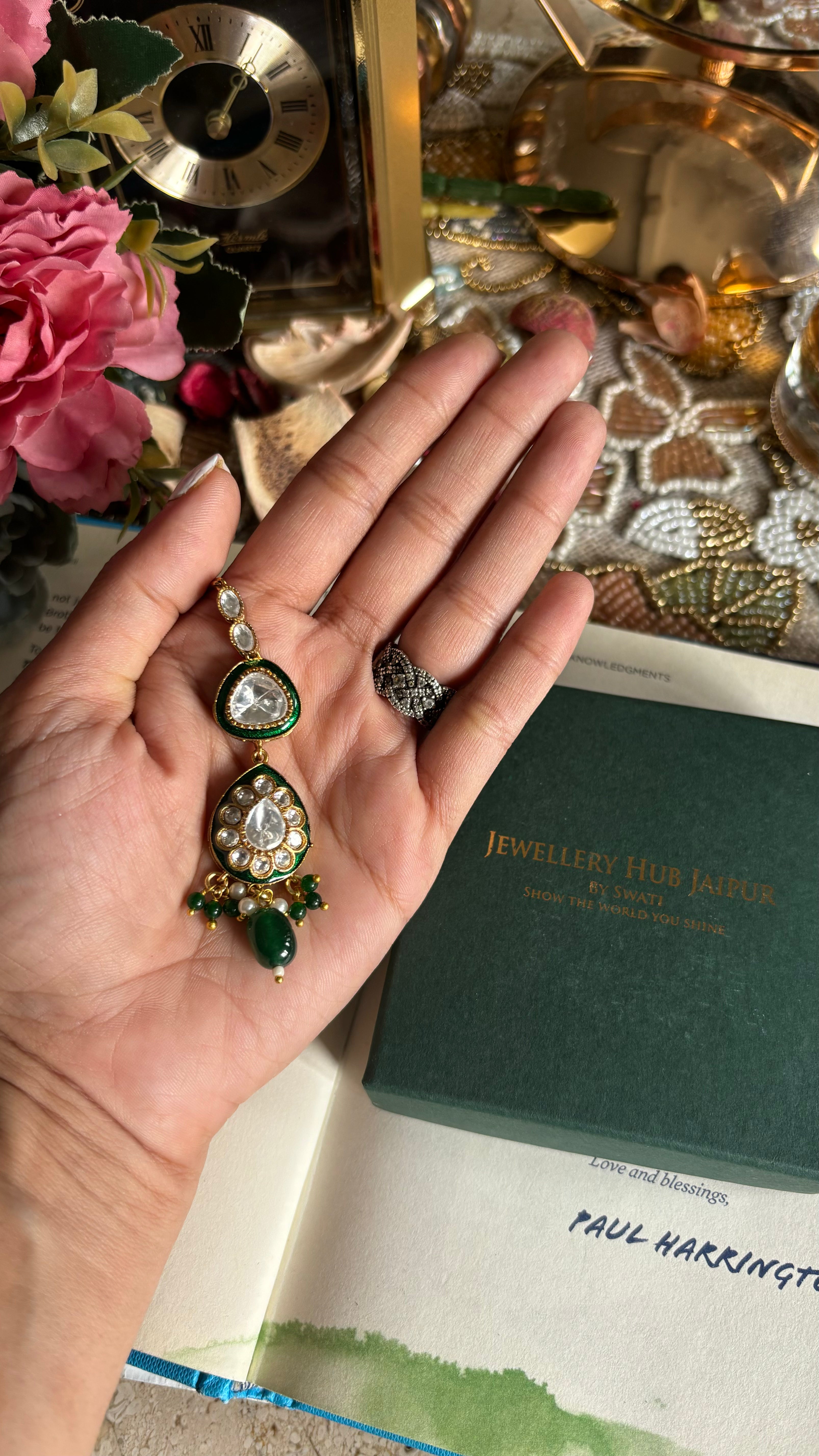 Emerald drop & meenakari maangtika