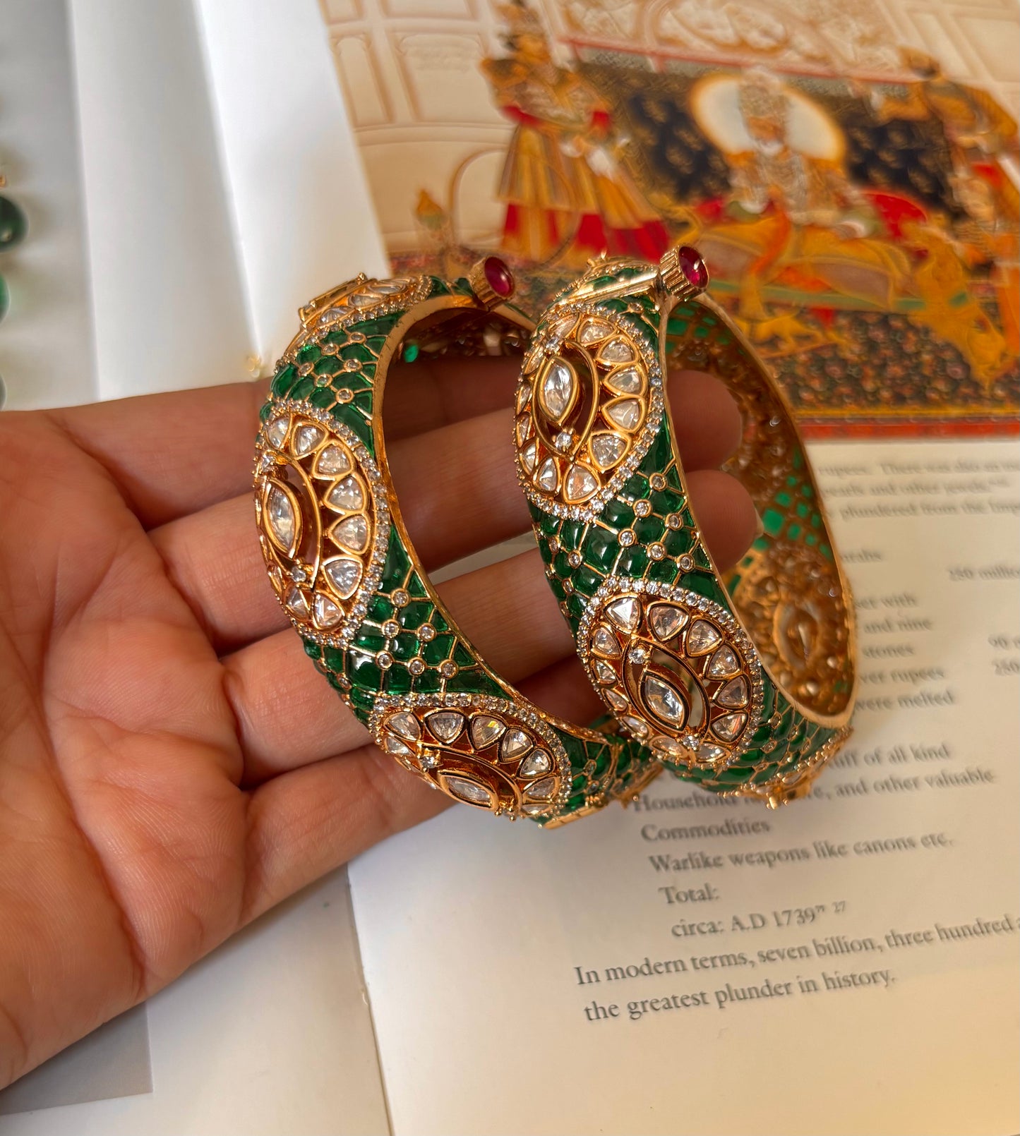 Emerald gold takkar work broad bangles