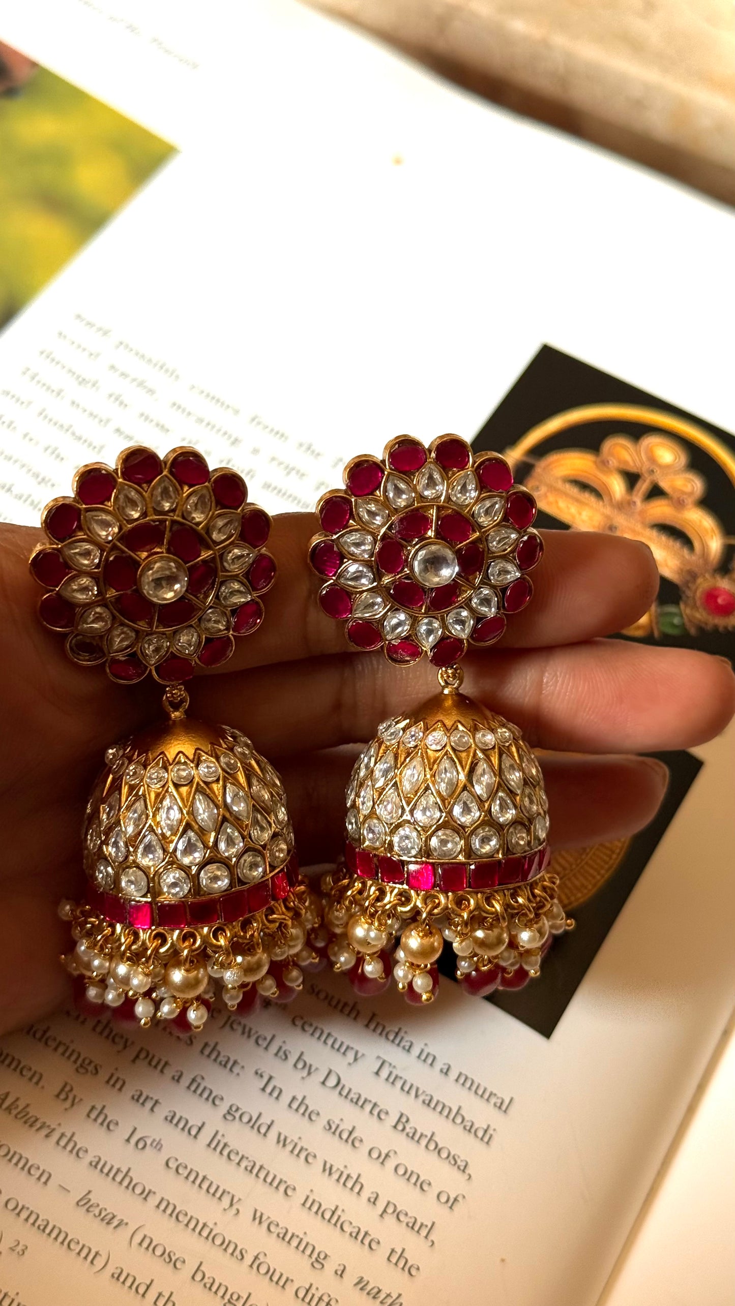 Rani pink floral Paachi  Kundan jhumki