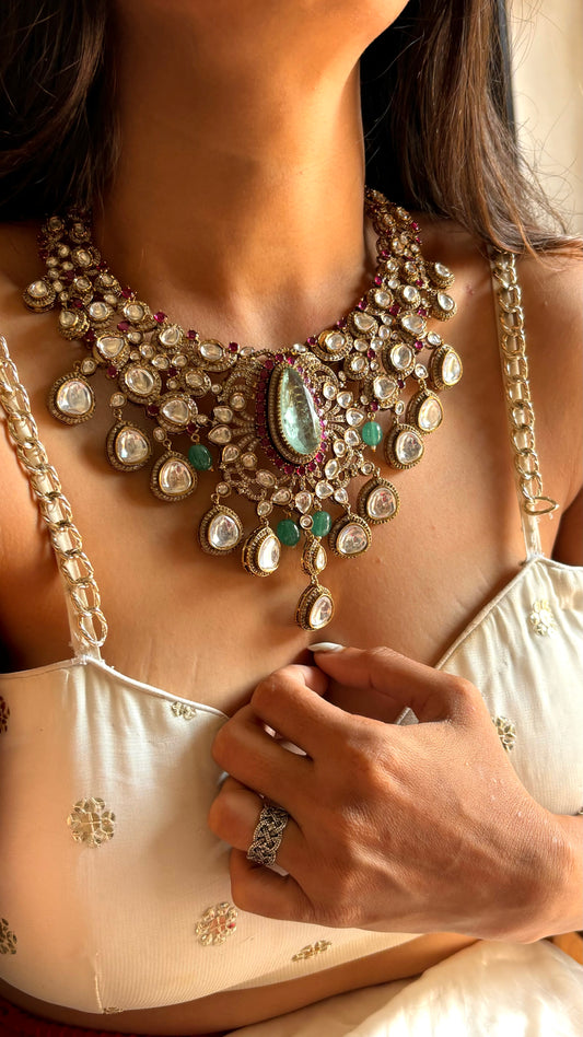 Designer mint and ruby cocktail necklace with earrings