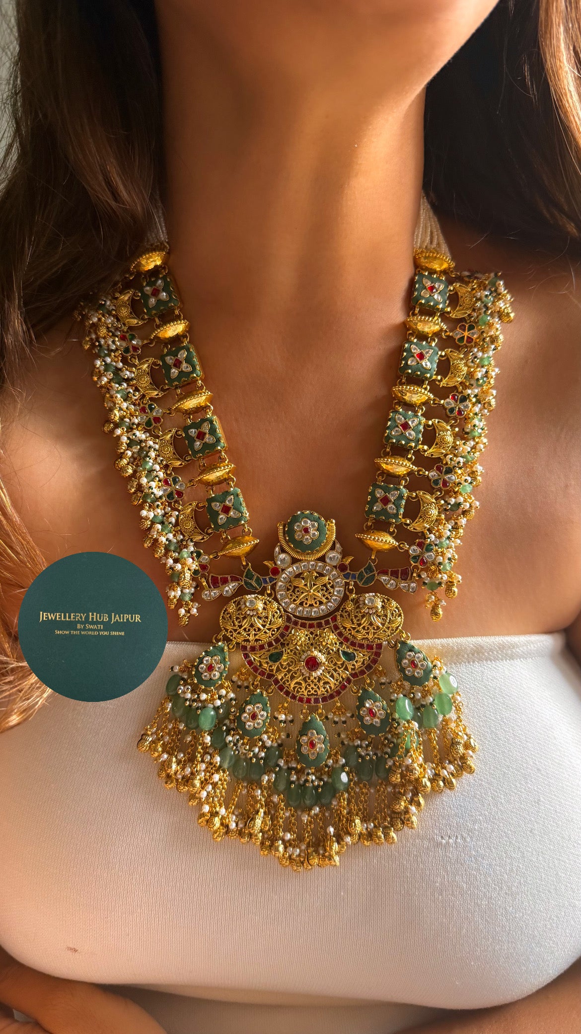 Handmade Heritage Polki Mint inlay work & rani pink with mint drops rajwada heritage mid length set