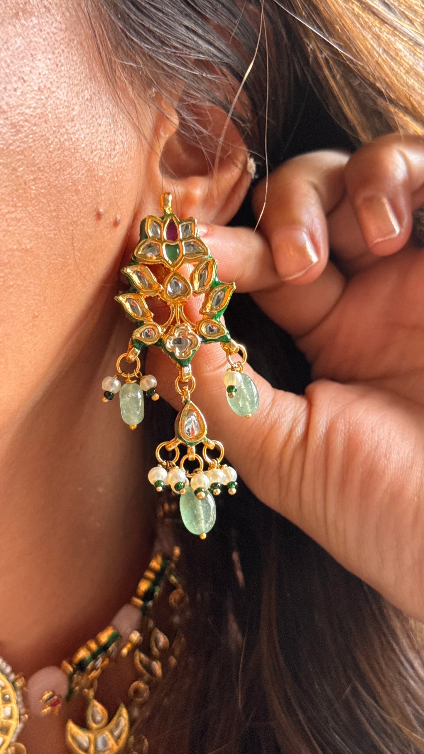 Rose quartz inlay with mint drops meenakari work choker Necklace
