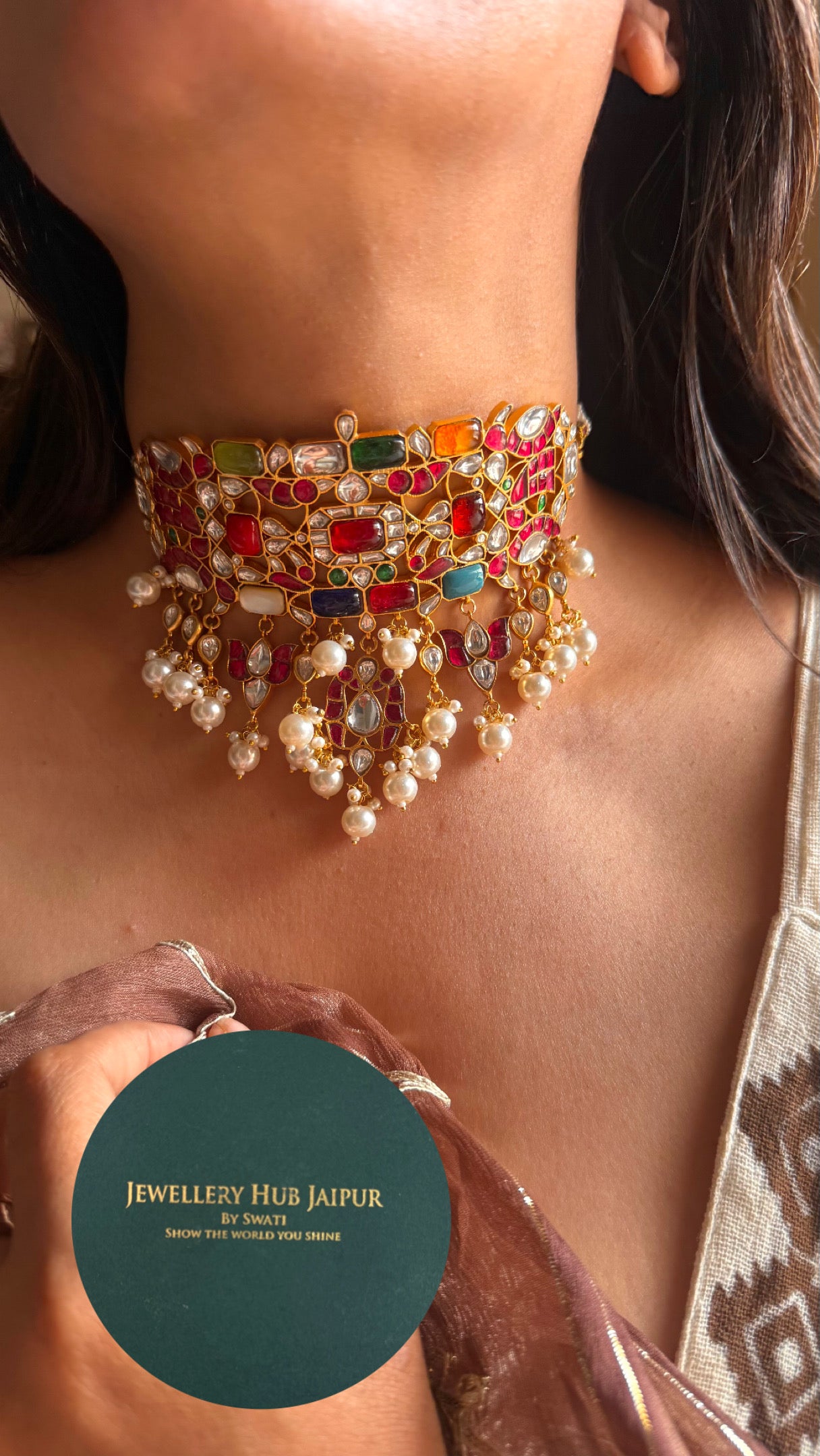Handmade paachi Kundan jadau with drop choker necklace