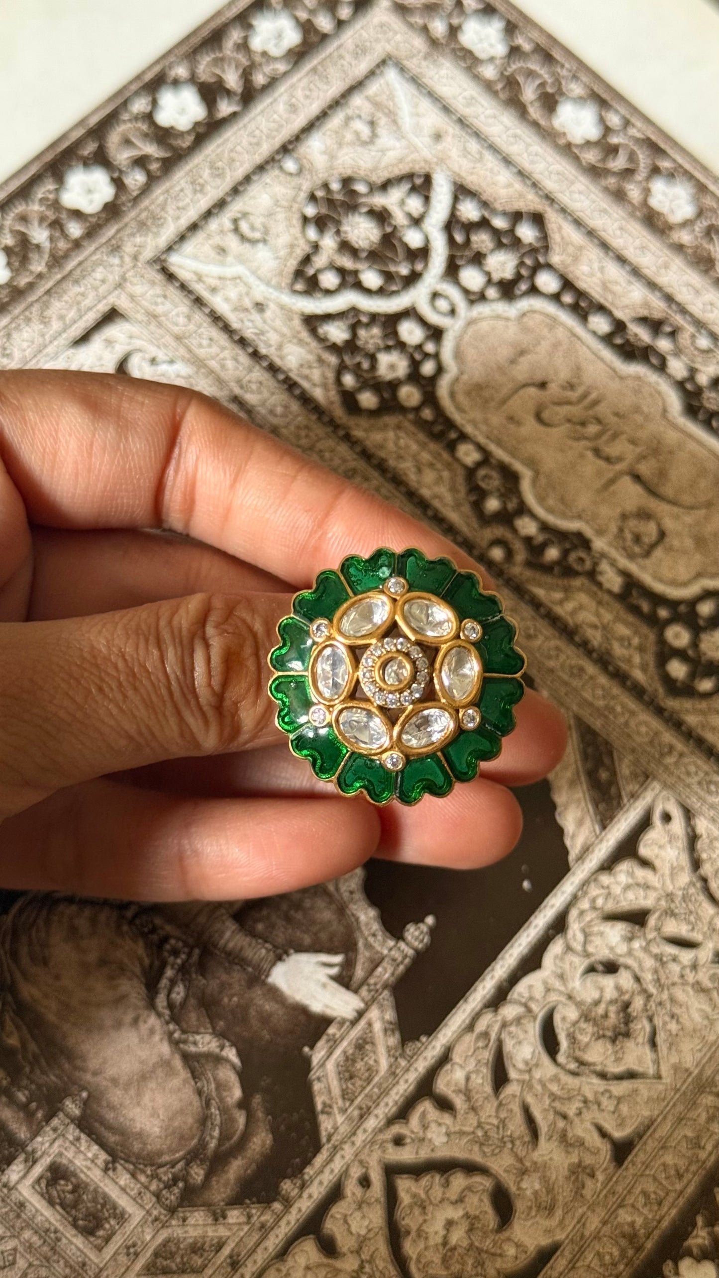Emerald katdana floral moissanite adjustable ring