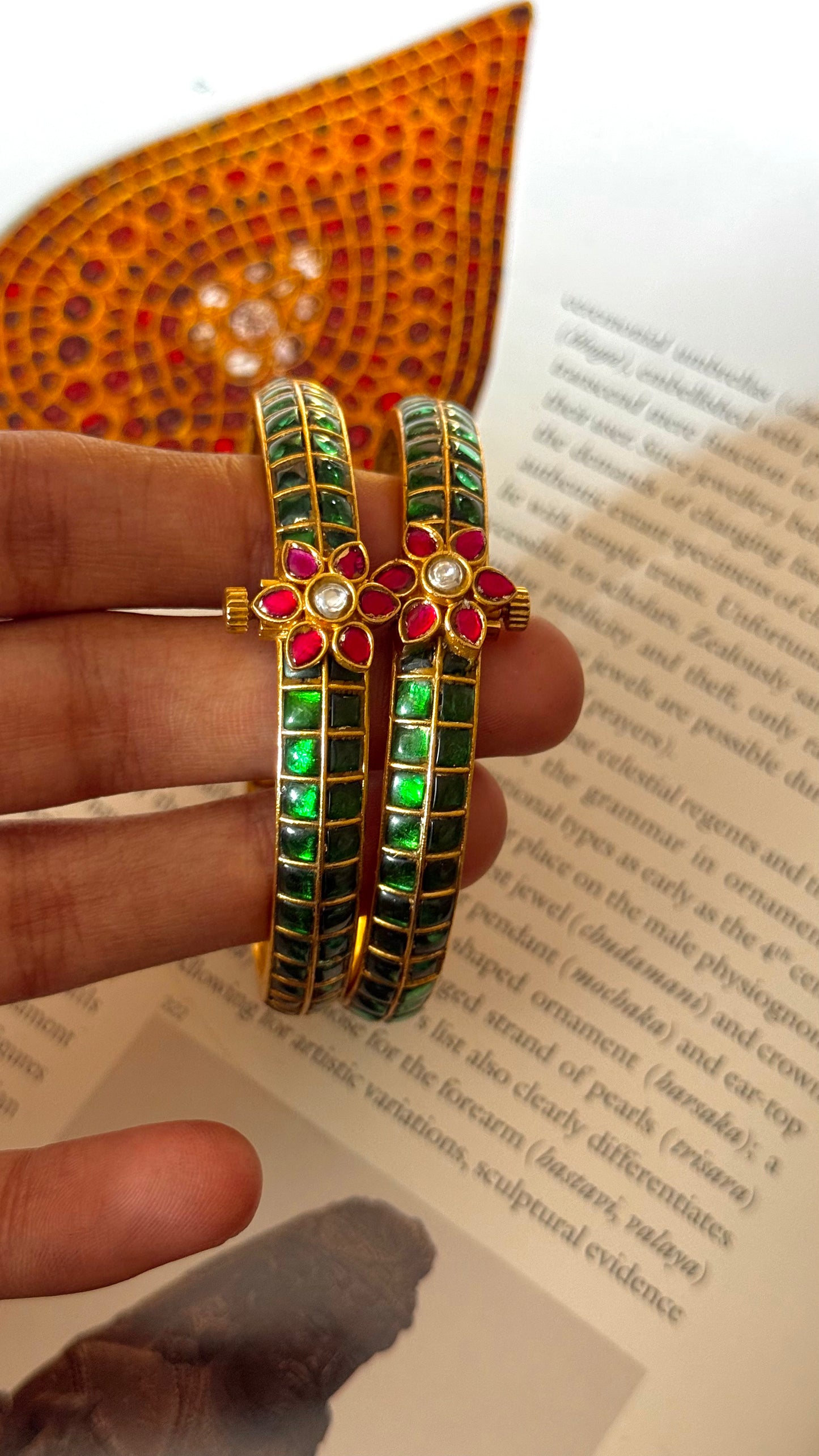 Rani pink floral detailing emerald paachi bangles
