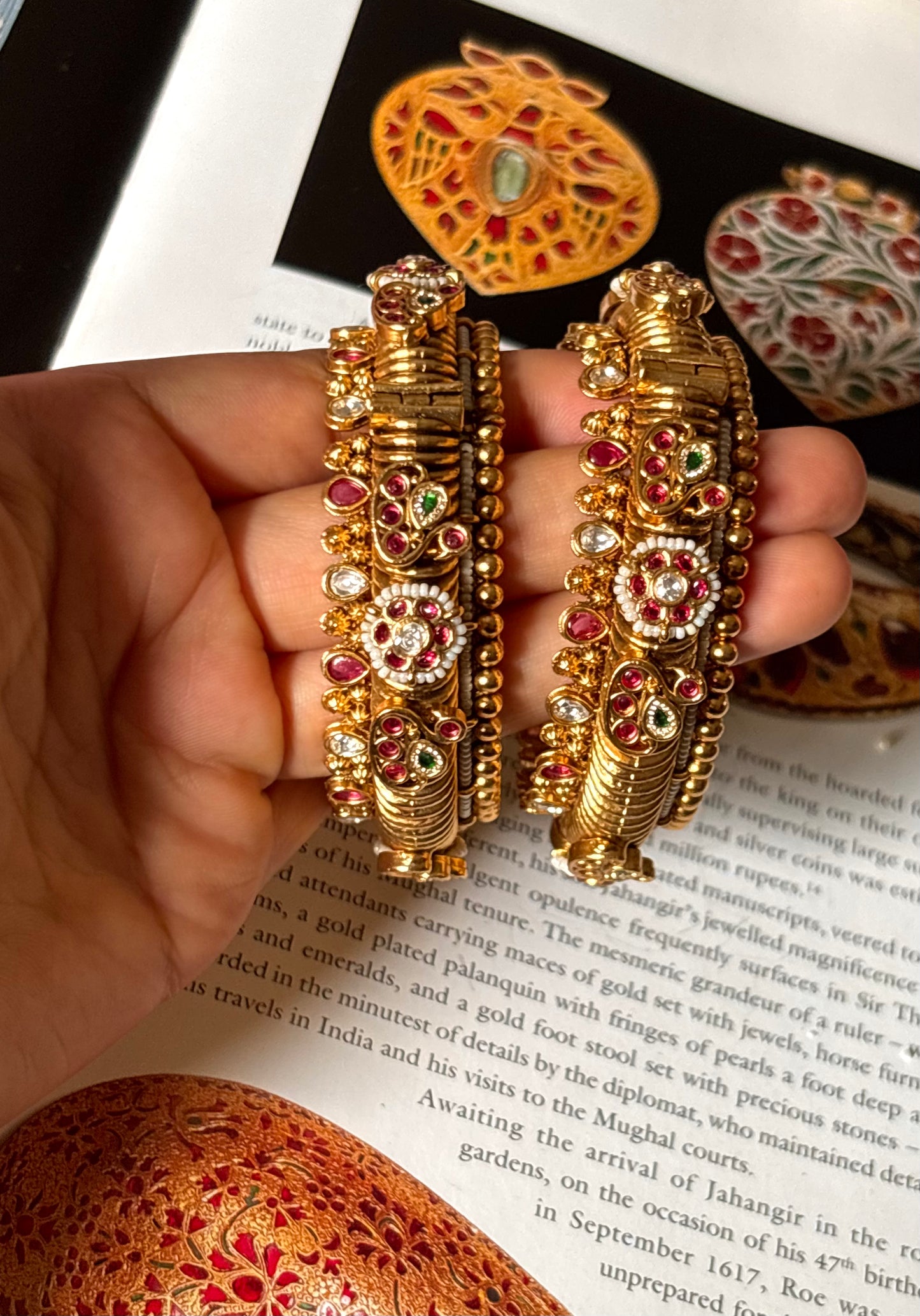 Peacock inspired with floral rani pink ruby & emerald rajwada bangles